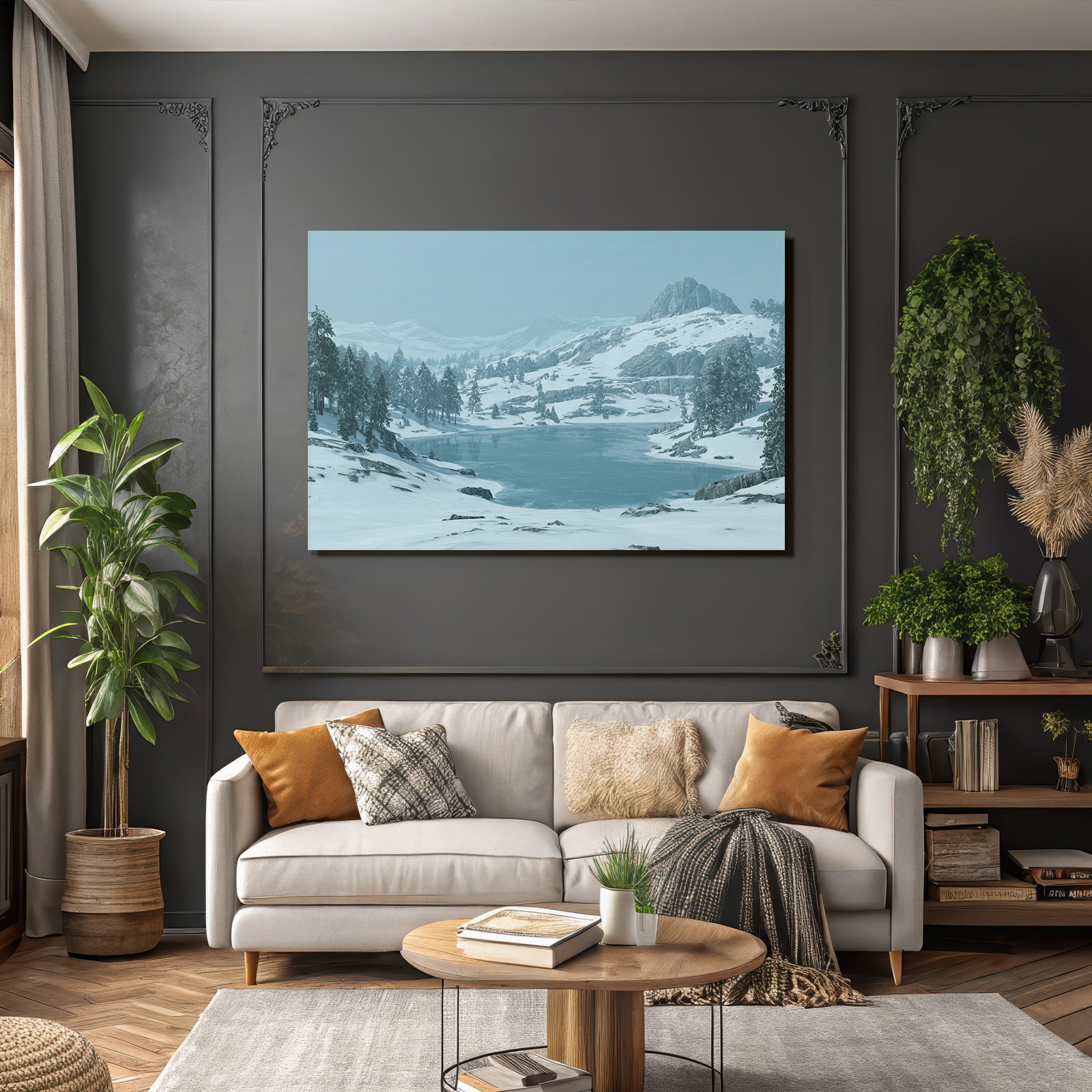 Winter Winter landscape Icy lake Snow-capped mountains Fir trees