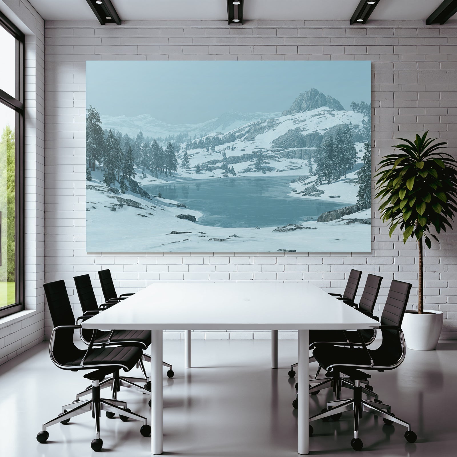 Winter Winter landscape Icy lake Snow-capped mountains Fir trees