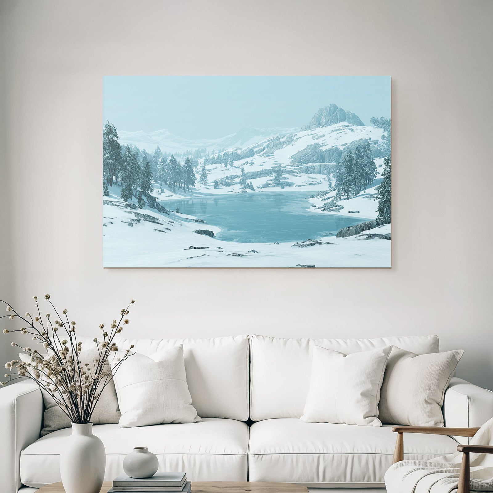 Winter Winter landscape Icy lake Snow-capped mountains Fir trees