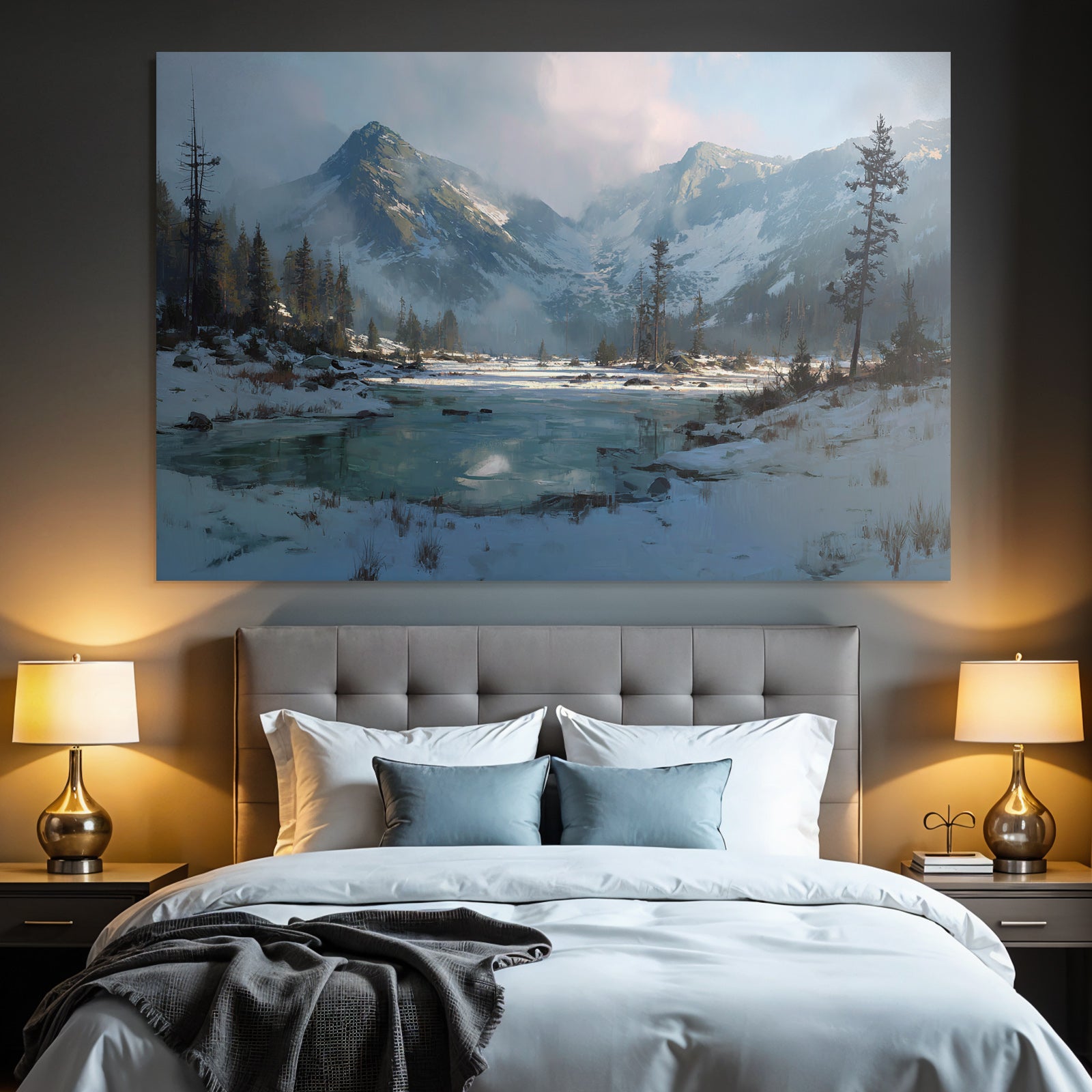 Winter landscape with snow-capped mountains and calm water