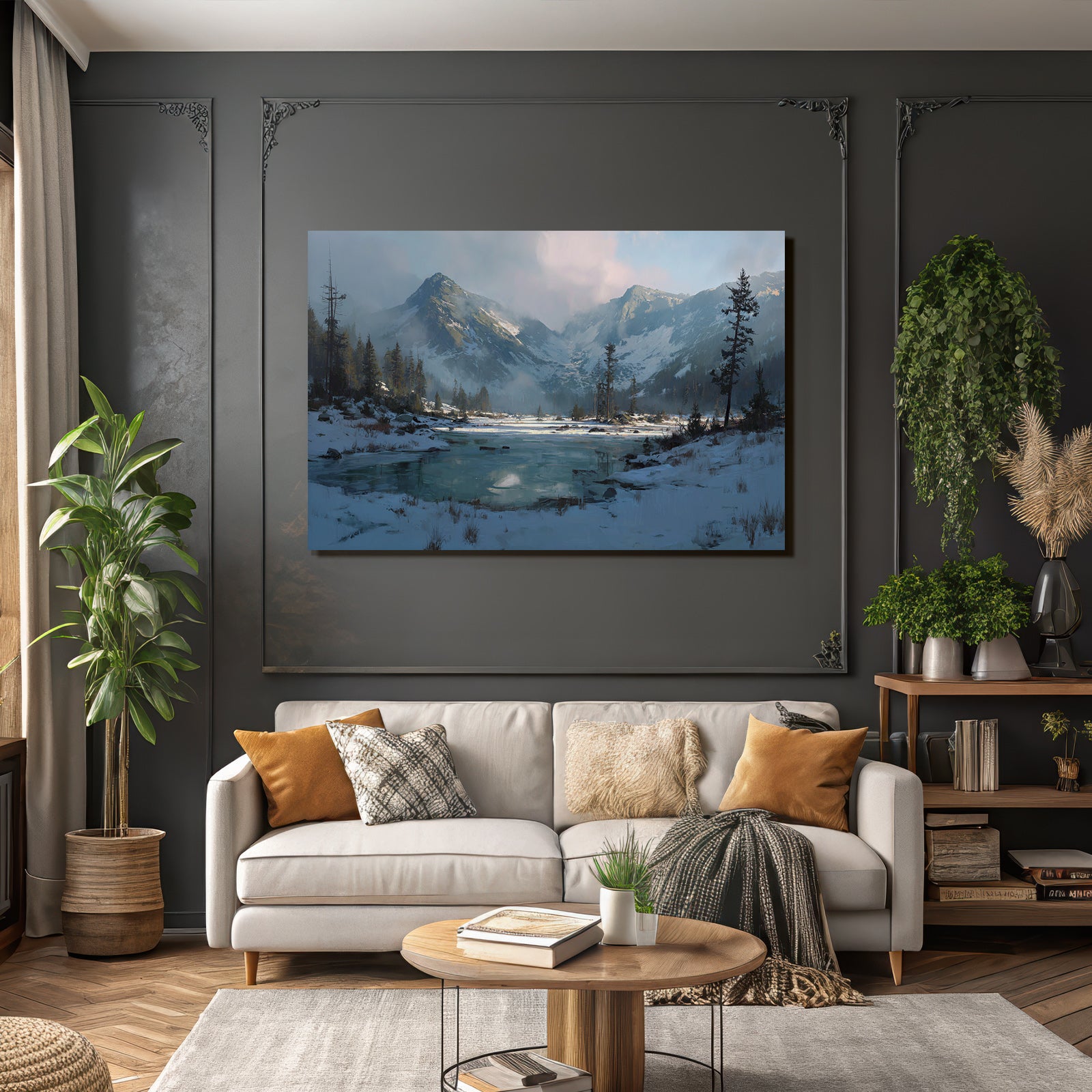 Winter landscape with snow-capped mountains and calm water