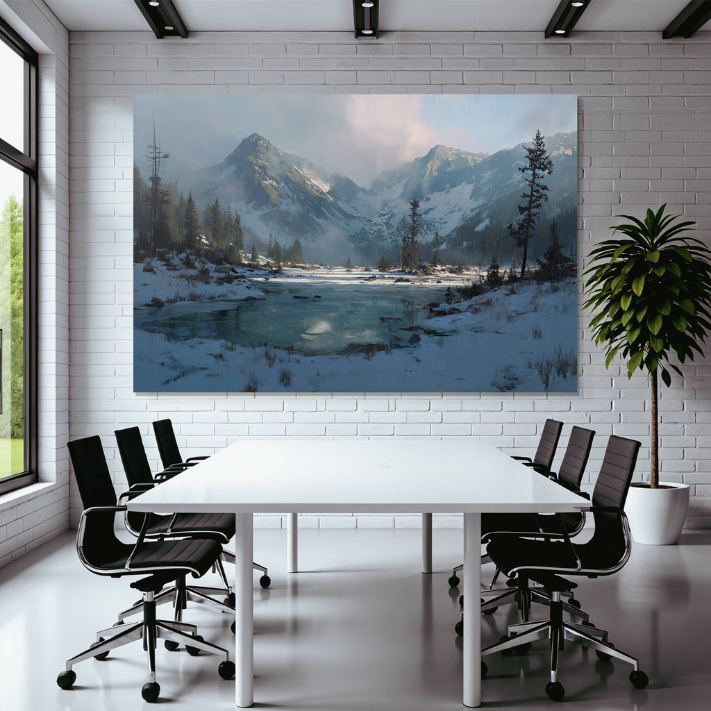 Winter landscape with snow-capped mountains and calm water