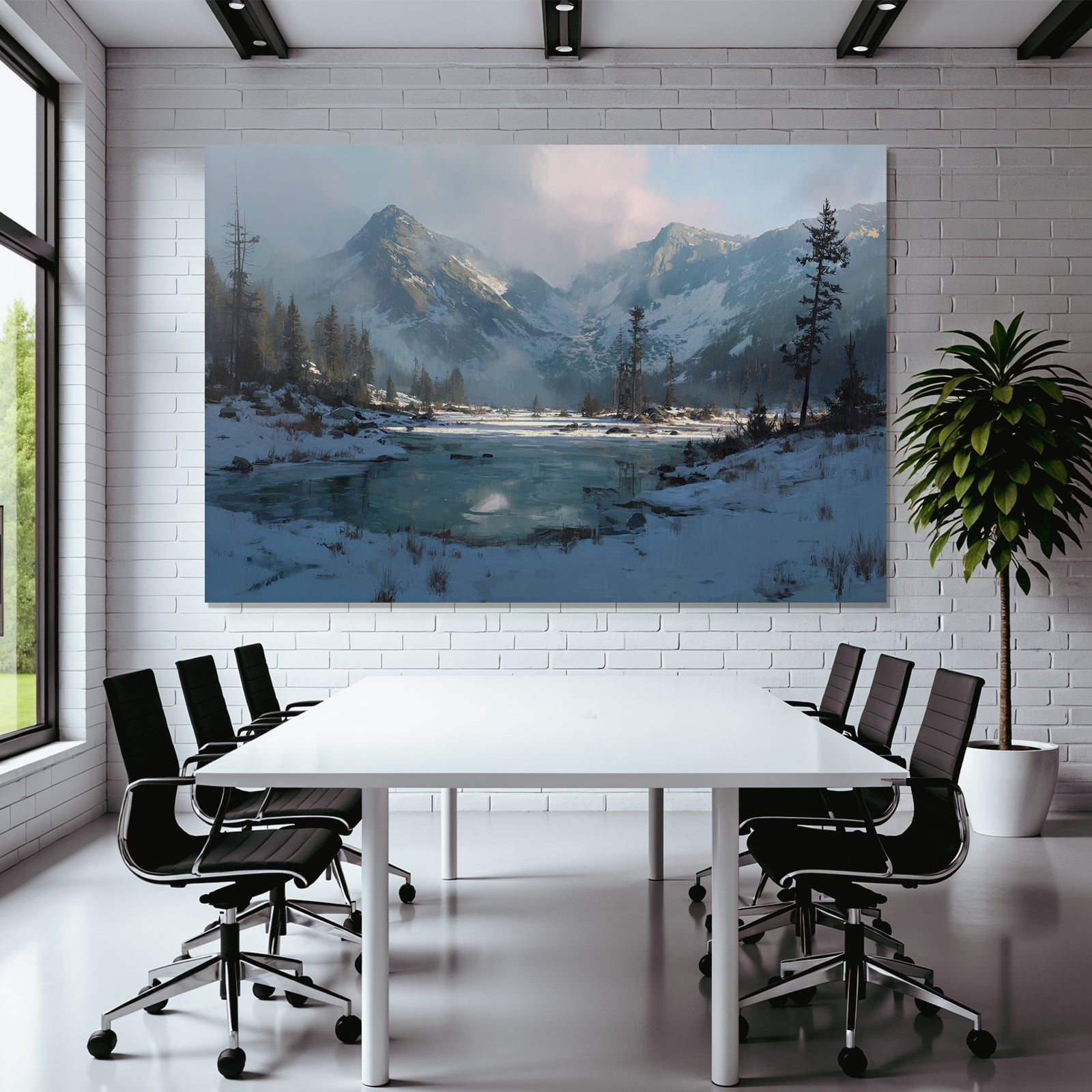 Winter landscape with snow-capped mountains and calm water