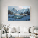 Winter landscape with snow-capped mountains and calm water