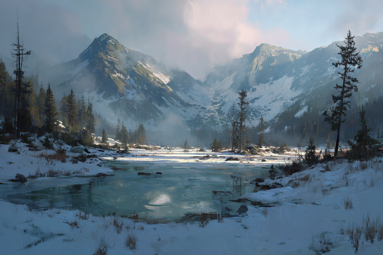 Winter Winterlandschaft Mit Schneebedeckten Bergen Und Ruhigem Wasser | Winterlandschaften | Landschaften