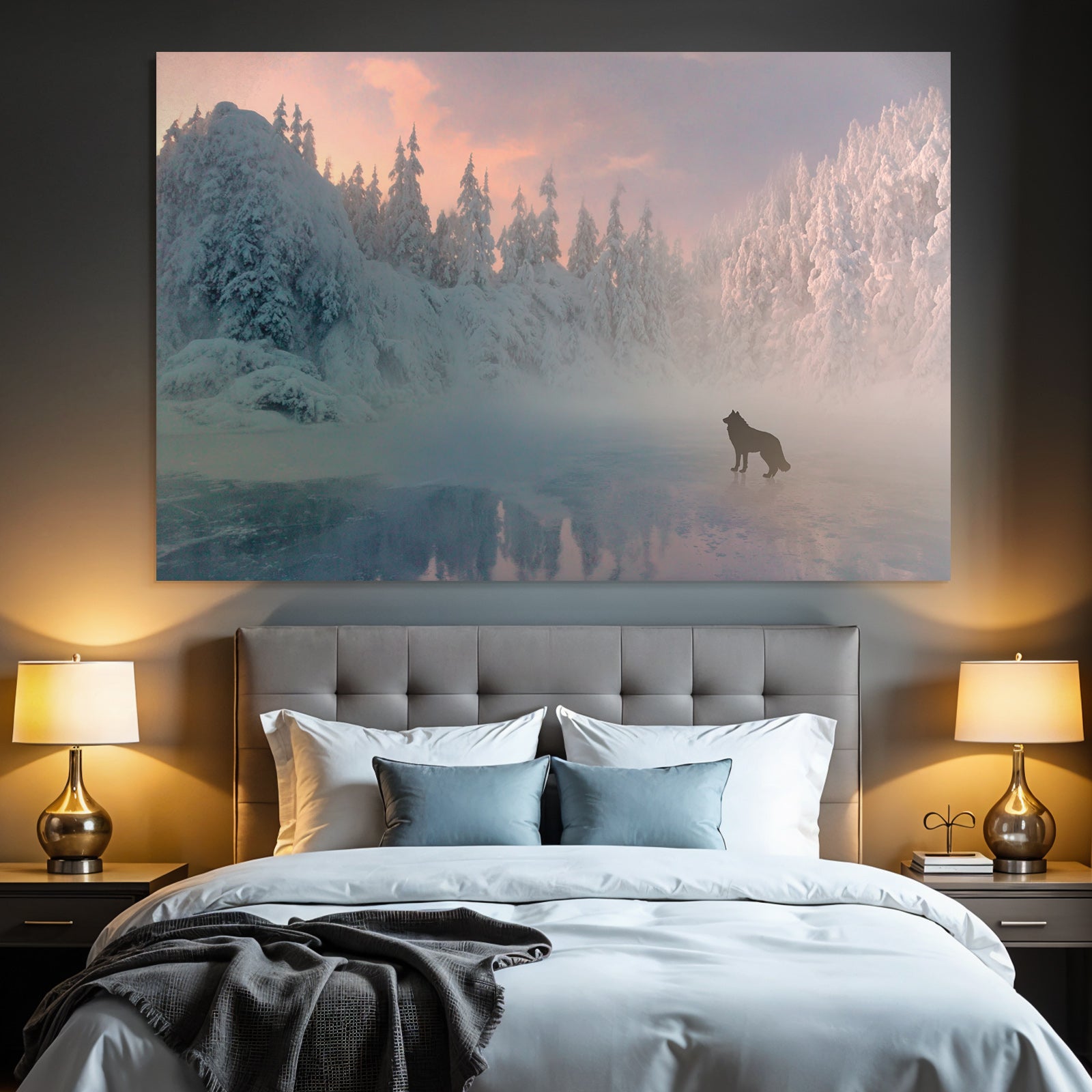 Winter landscape with wolf in the fog