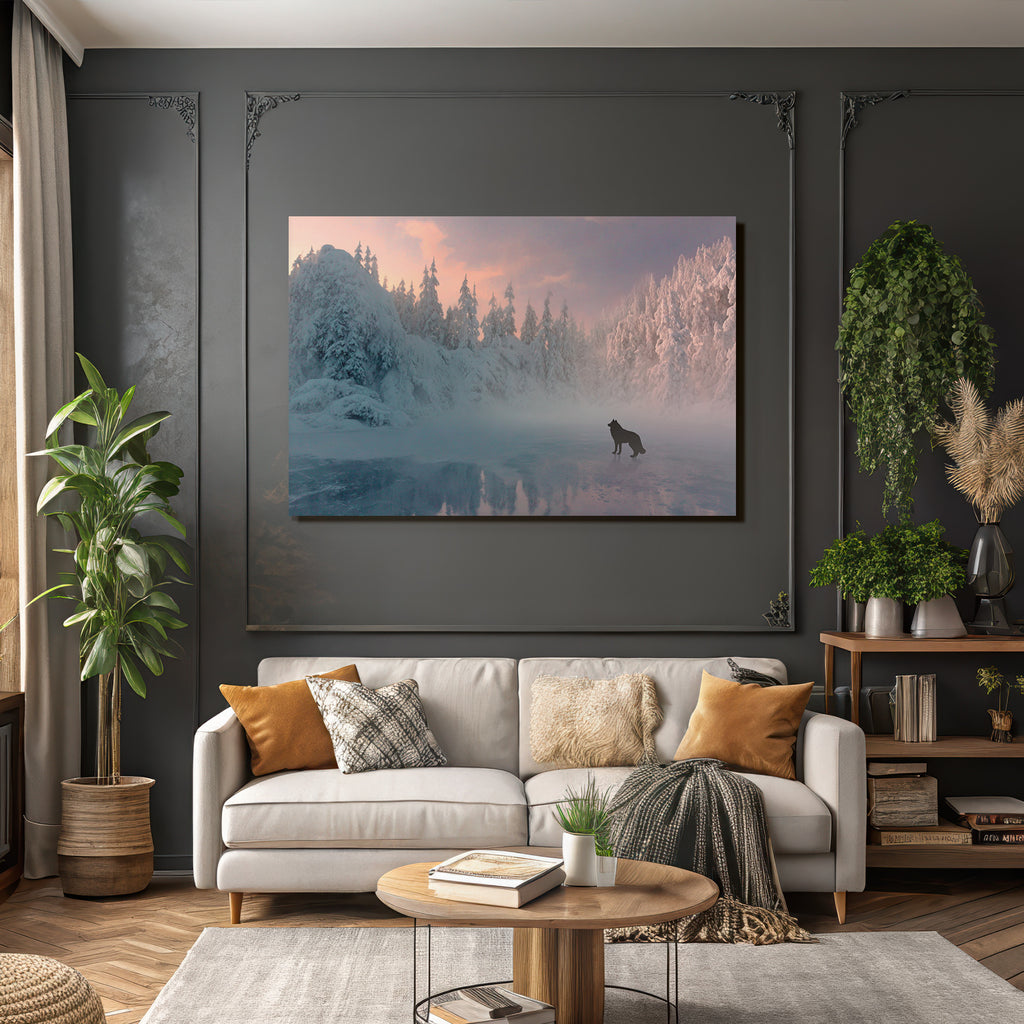 Winter landscape with wolf in the fog