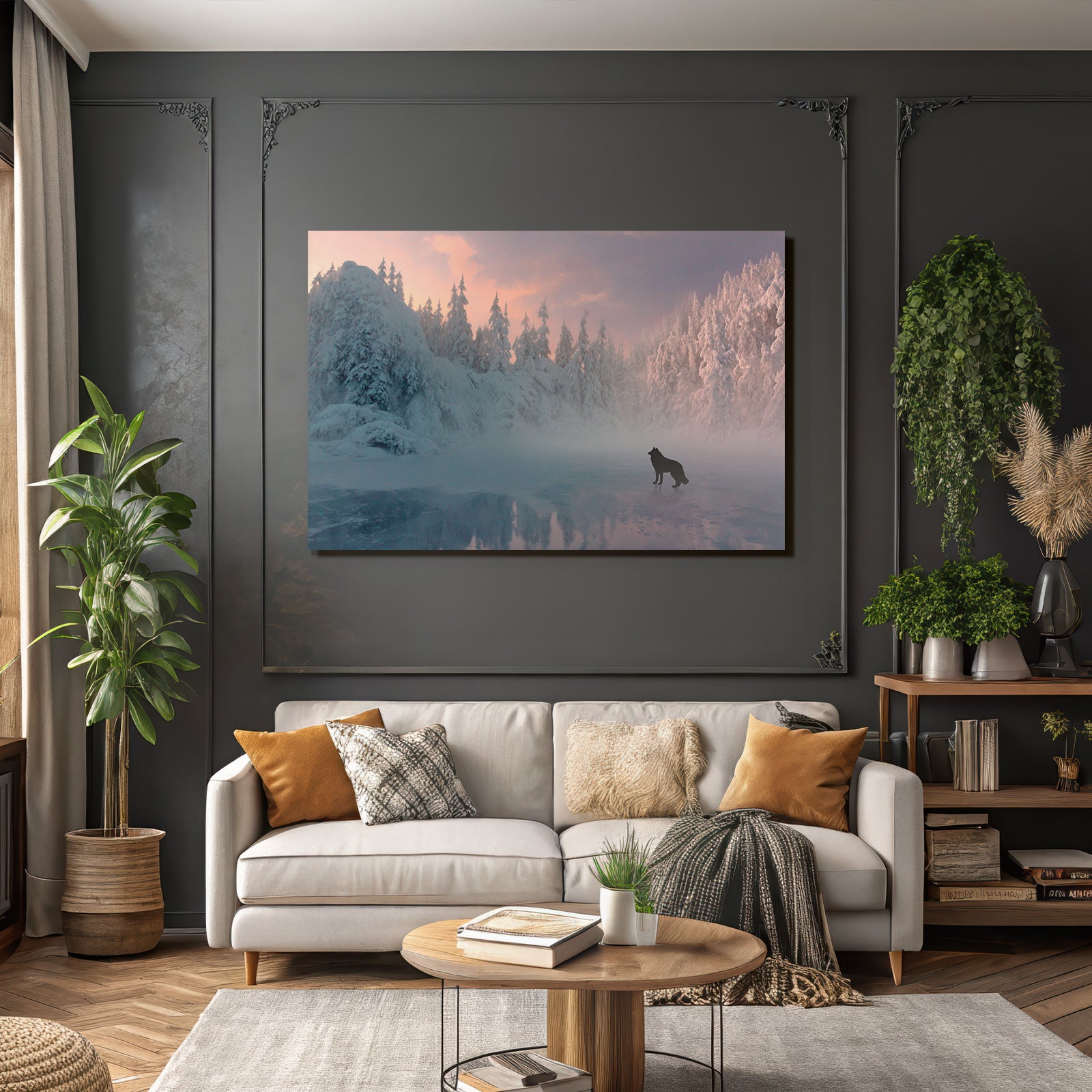 Winter landscape with wolf in the fog