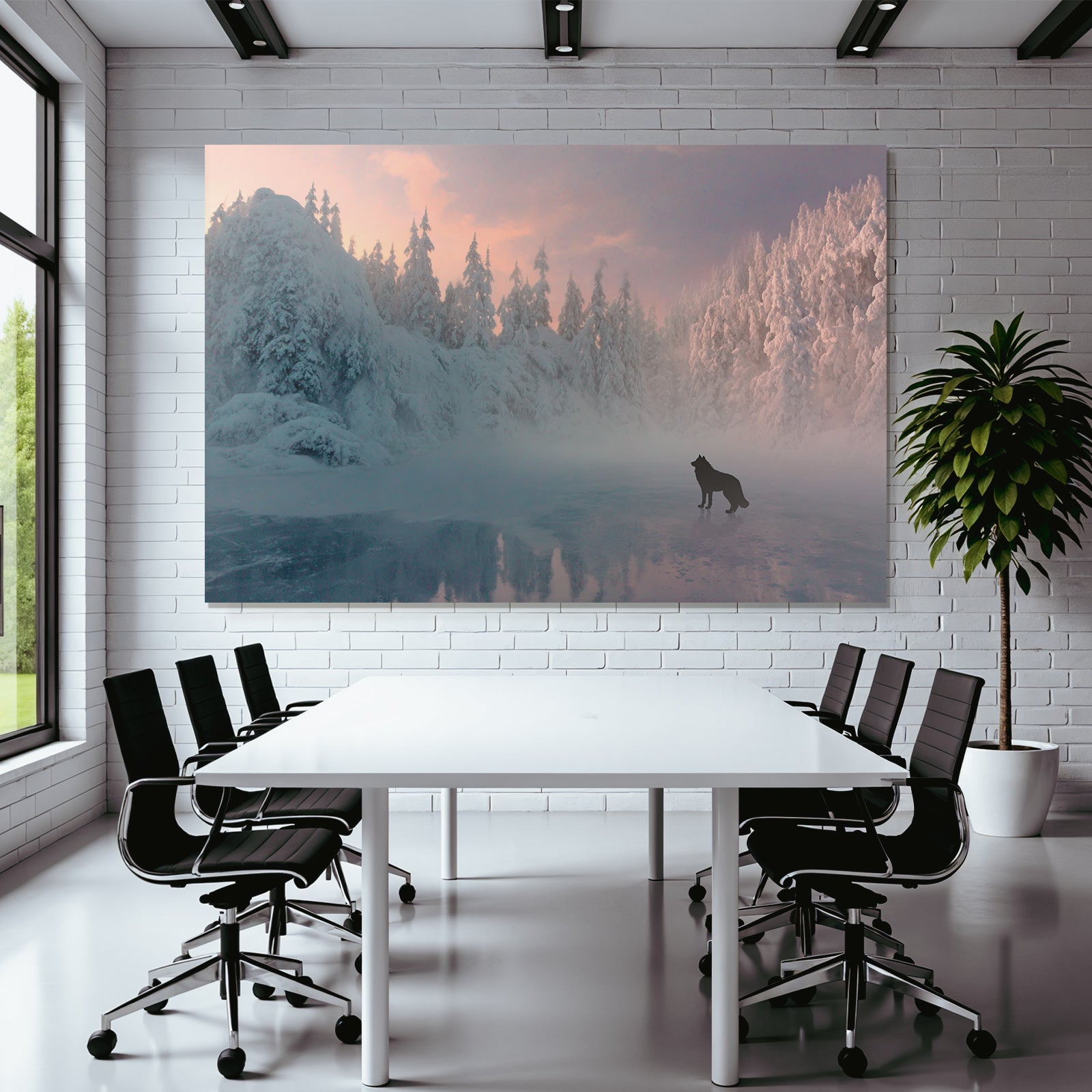 Winter landscape with wolf in the fog