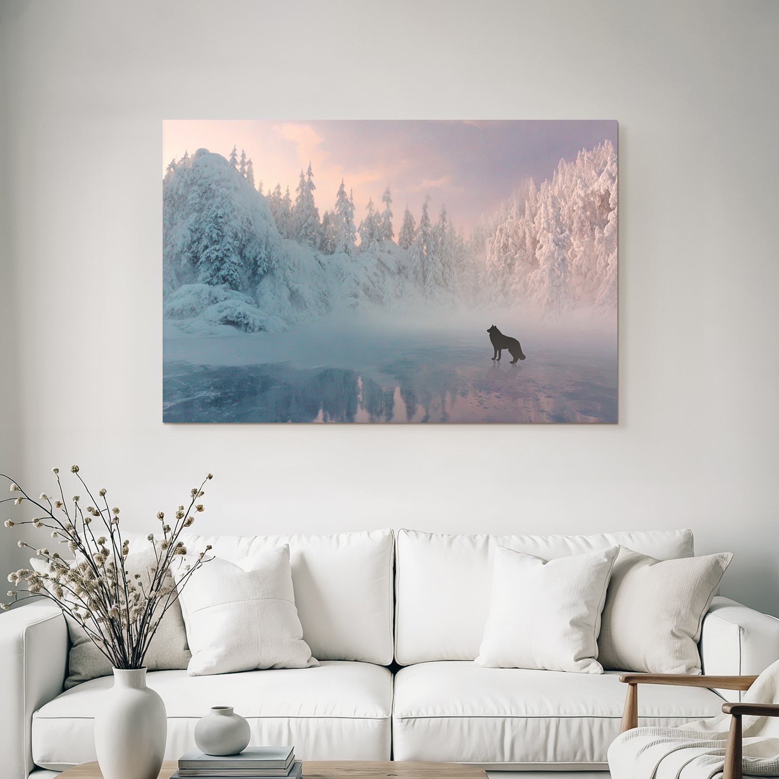 Winter landscape with wolf in the fog