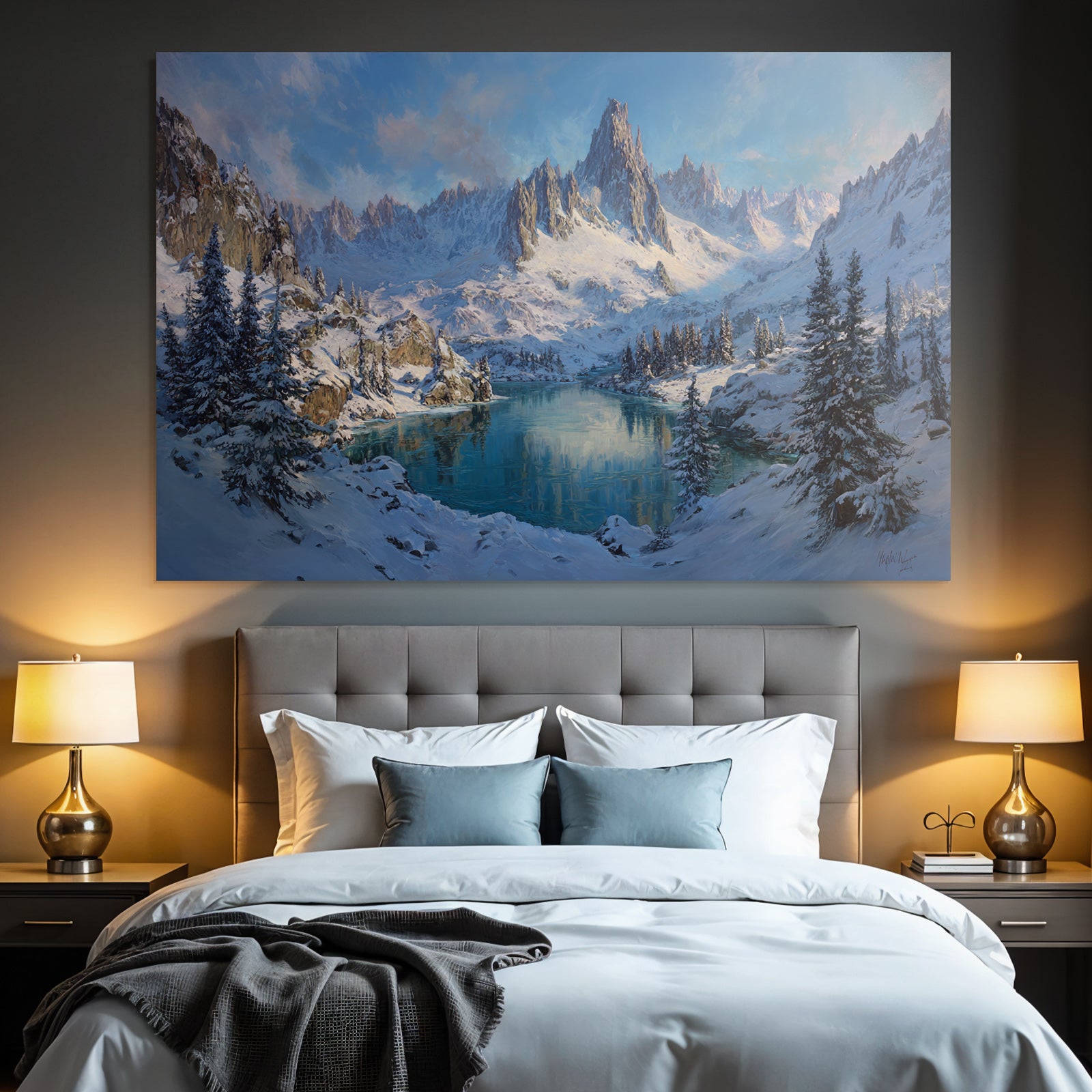 Winter Winter landscape Snow-capped mountains Reflecting lake Holy peace