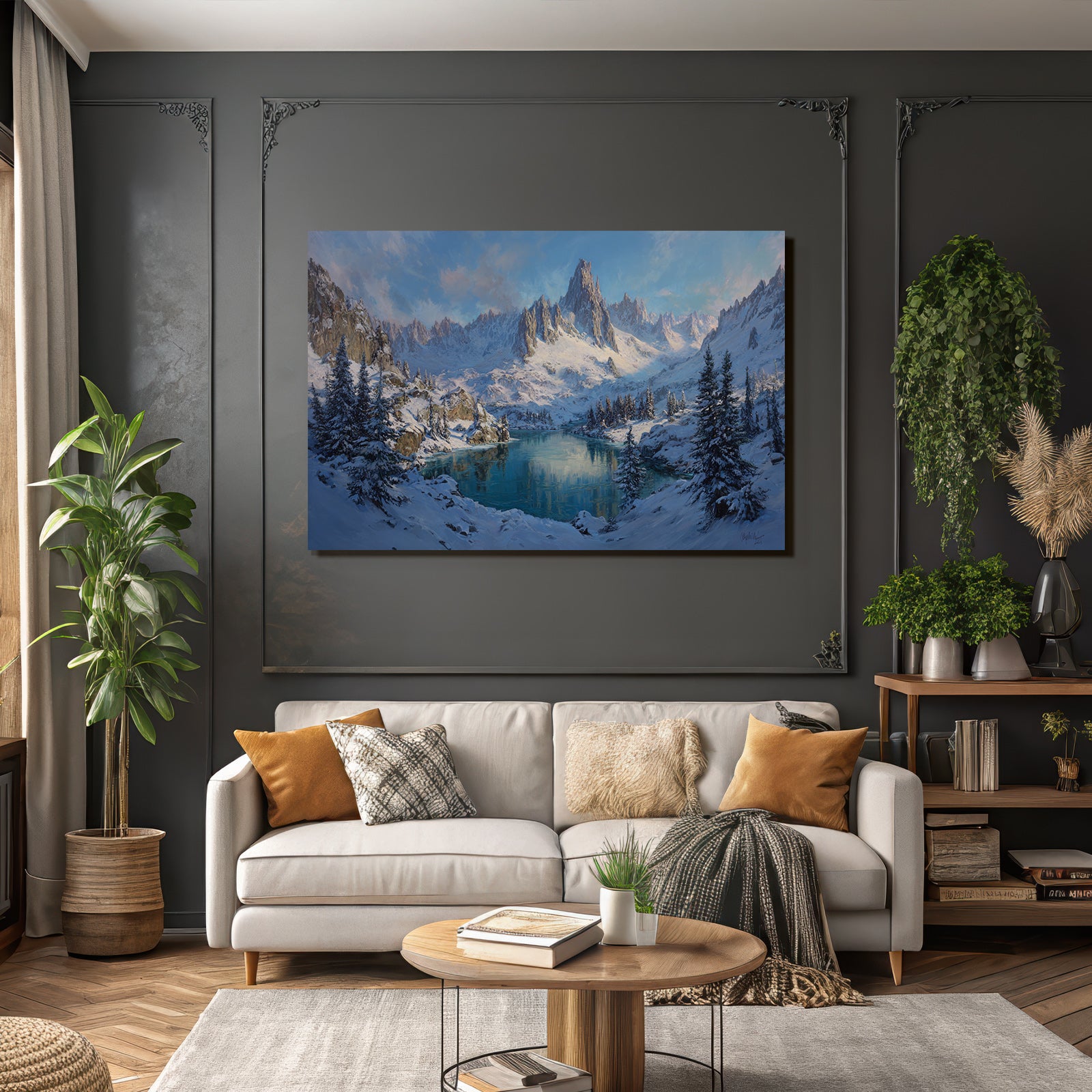 Winter Winter landscape Snow-capped mountains Reflecting lake Holy peace