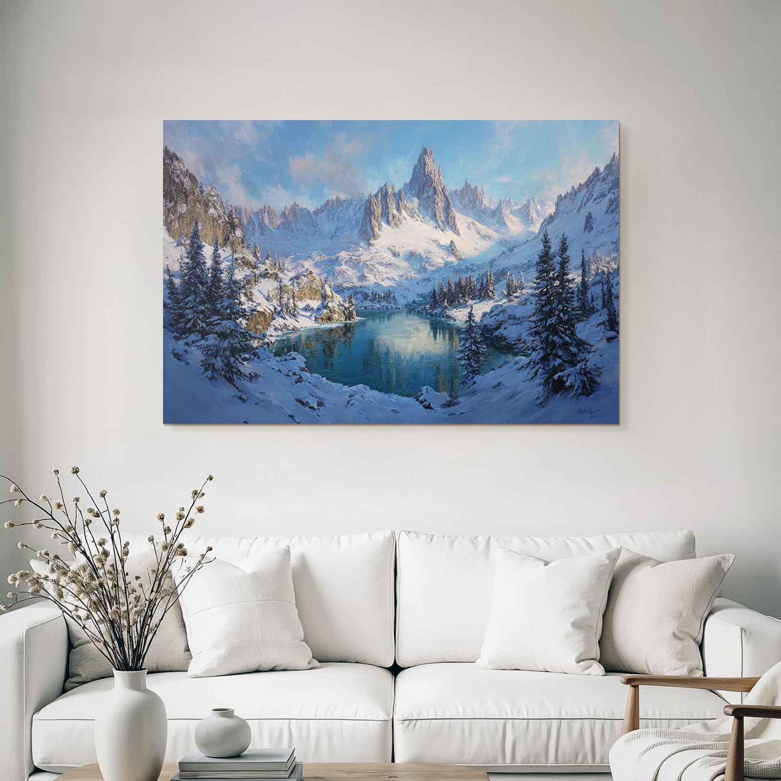 Winter Winter landscape Snow-capped mountains Reflecting lake Holy peace