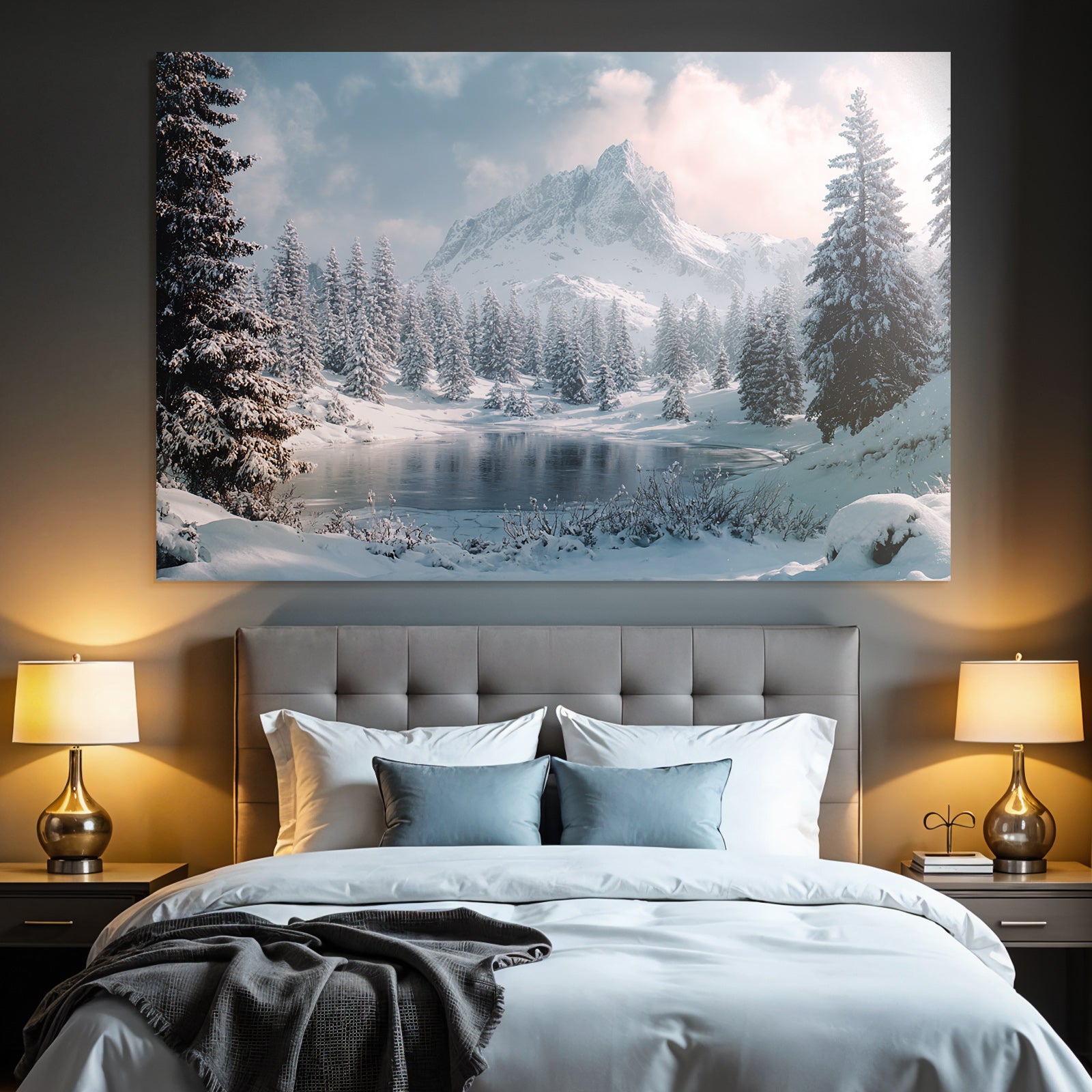 Winter scenes with snow-capped mountains and frosty lake