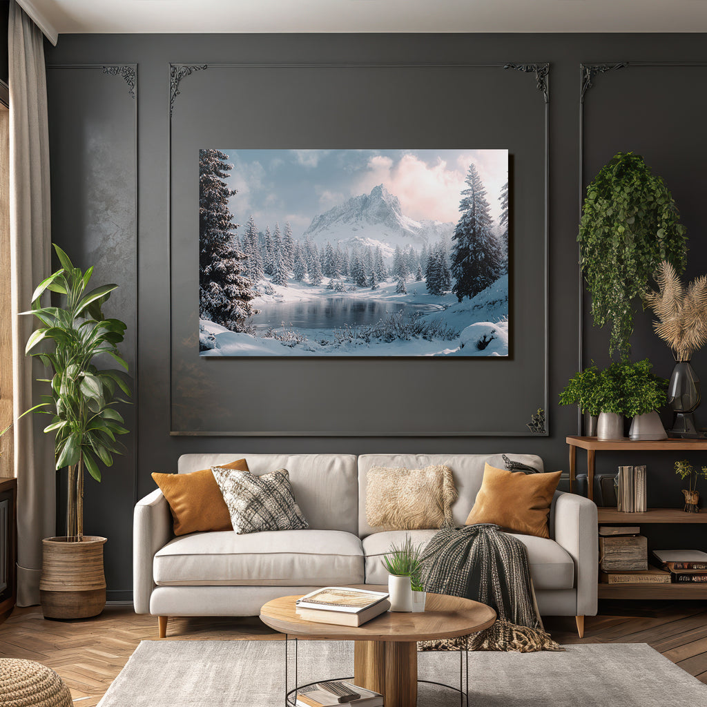 Winter scenes with snow-capped mountains and frosty lake