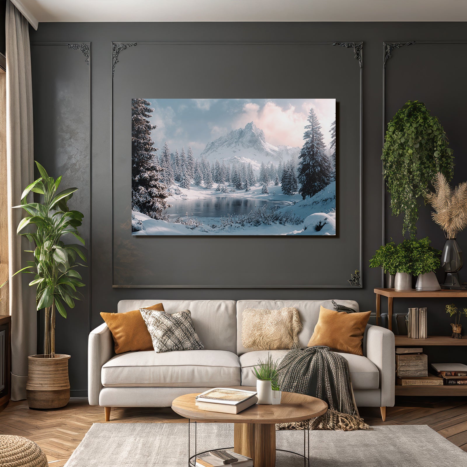 Winter scenes with snow-capped mountains and frosty lake