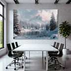 Winter scenes with snow-capped mountains and frosty lake
