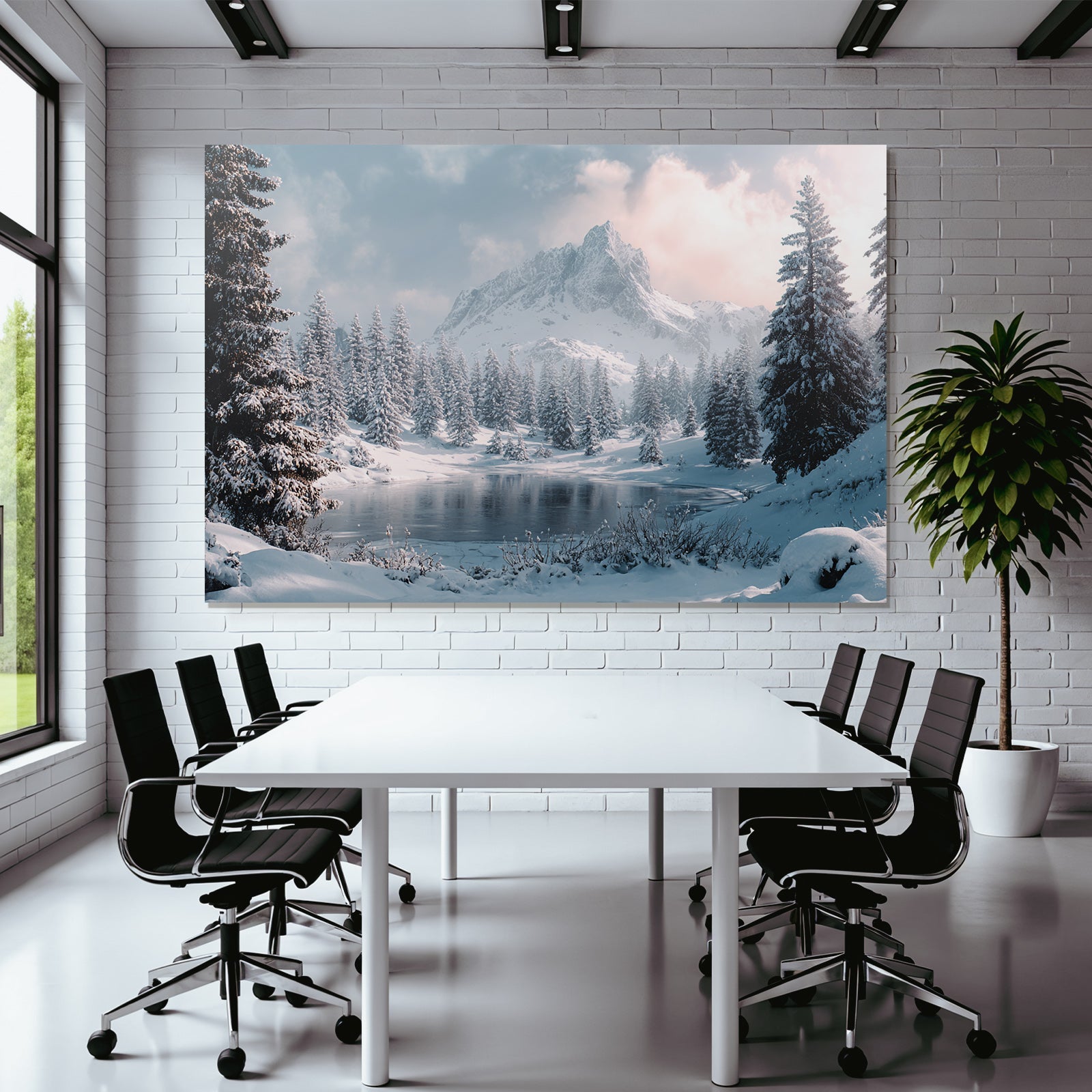 Winter scenes with snow-capped mountains and frosty lake
