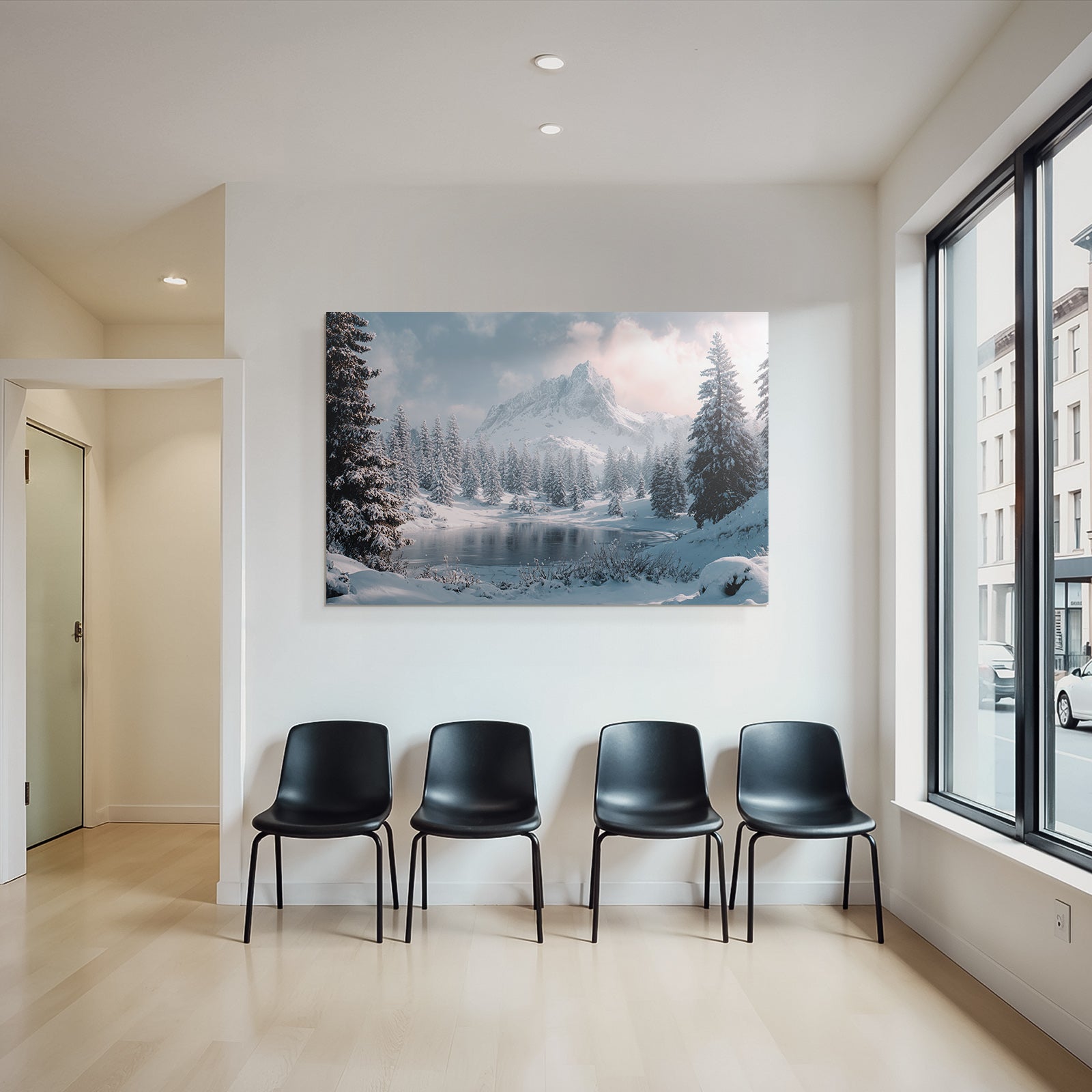 Winter scenes with snow-capped mountains and frosty lake
