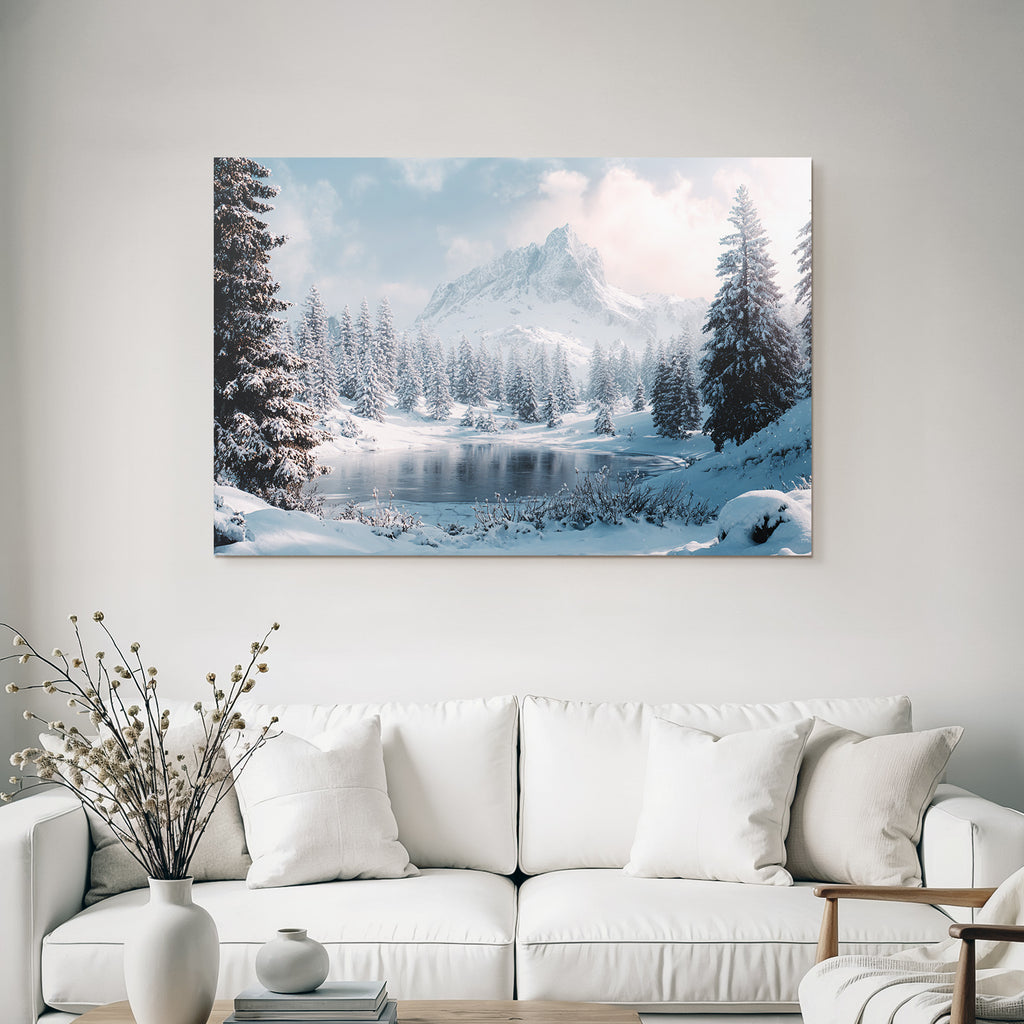 Winter scenes with snow-capped mountains and frosty lake