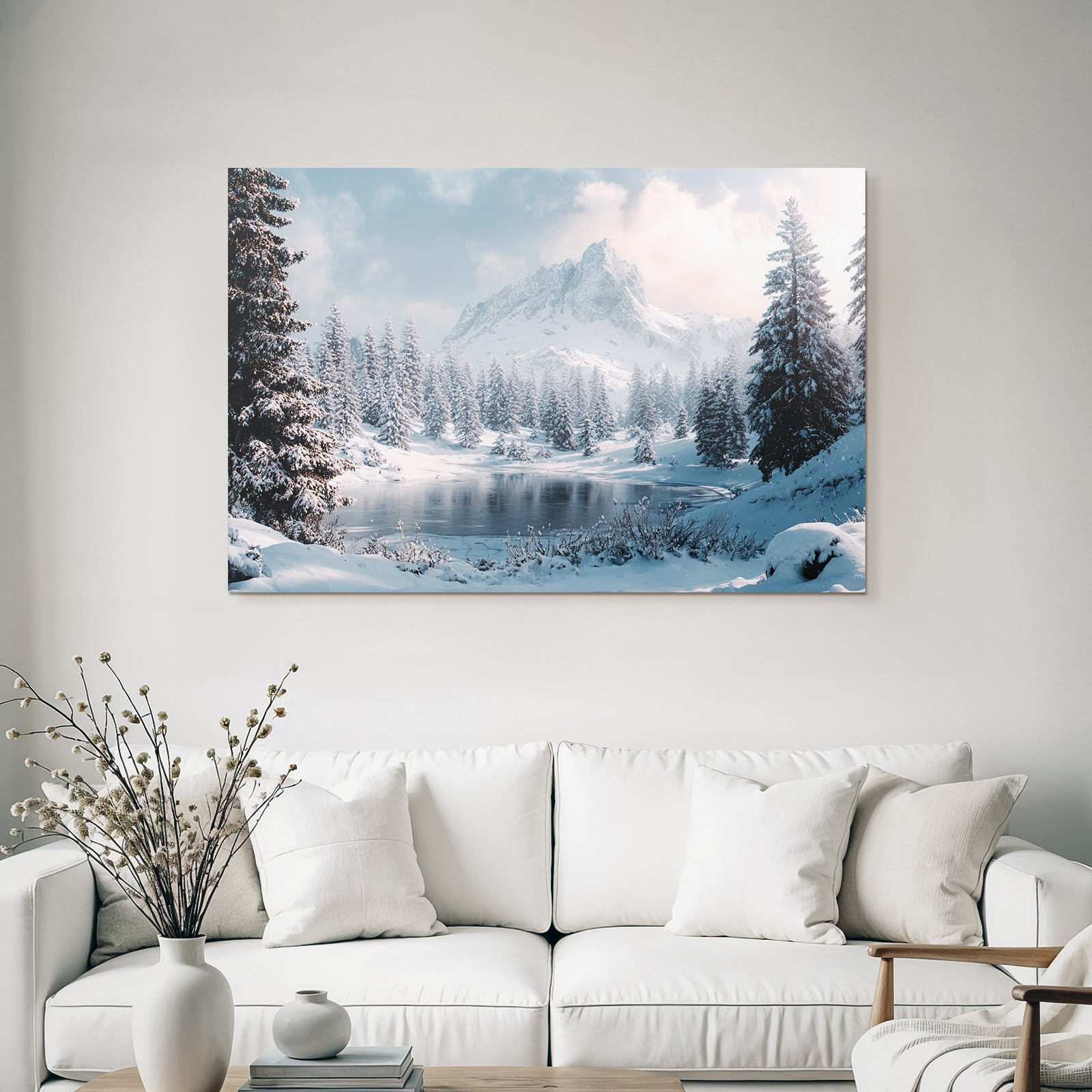 Winter scenes with snow-capped mountains and frosty lake