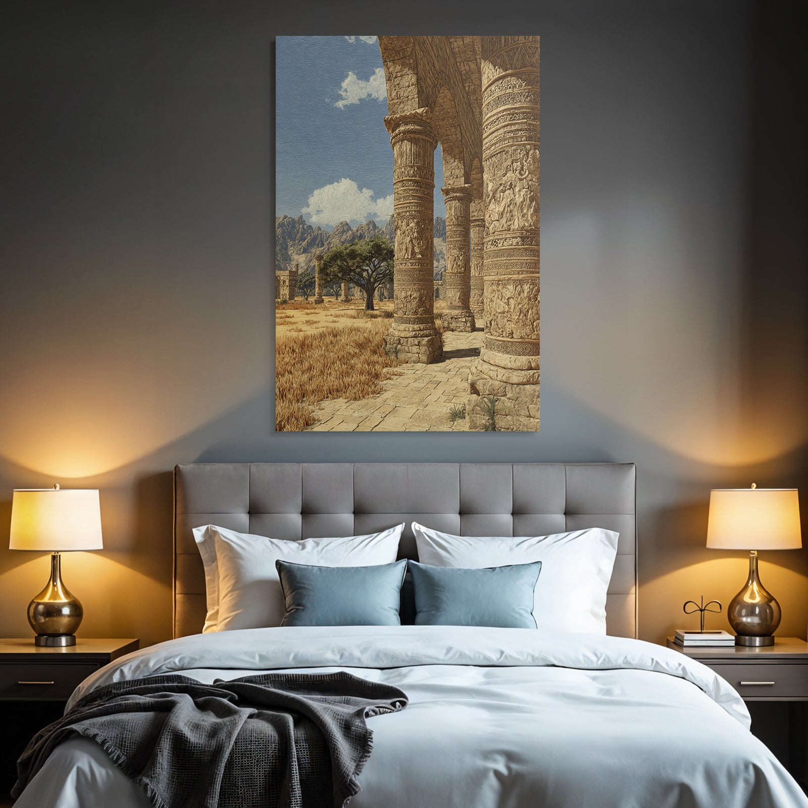 Desert ancient pillars with path in mountains background and blue sky