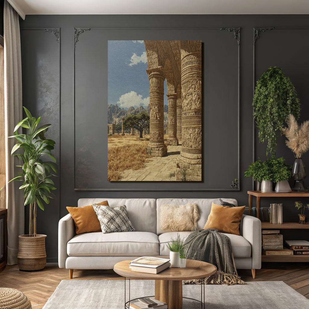Desert ancient pillars with path in mountains background and blue sky