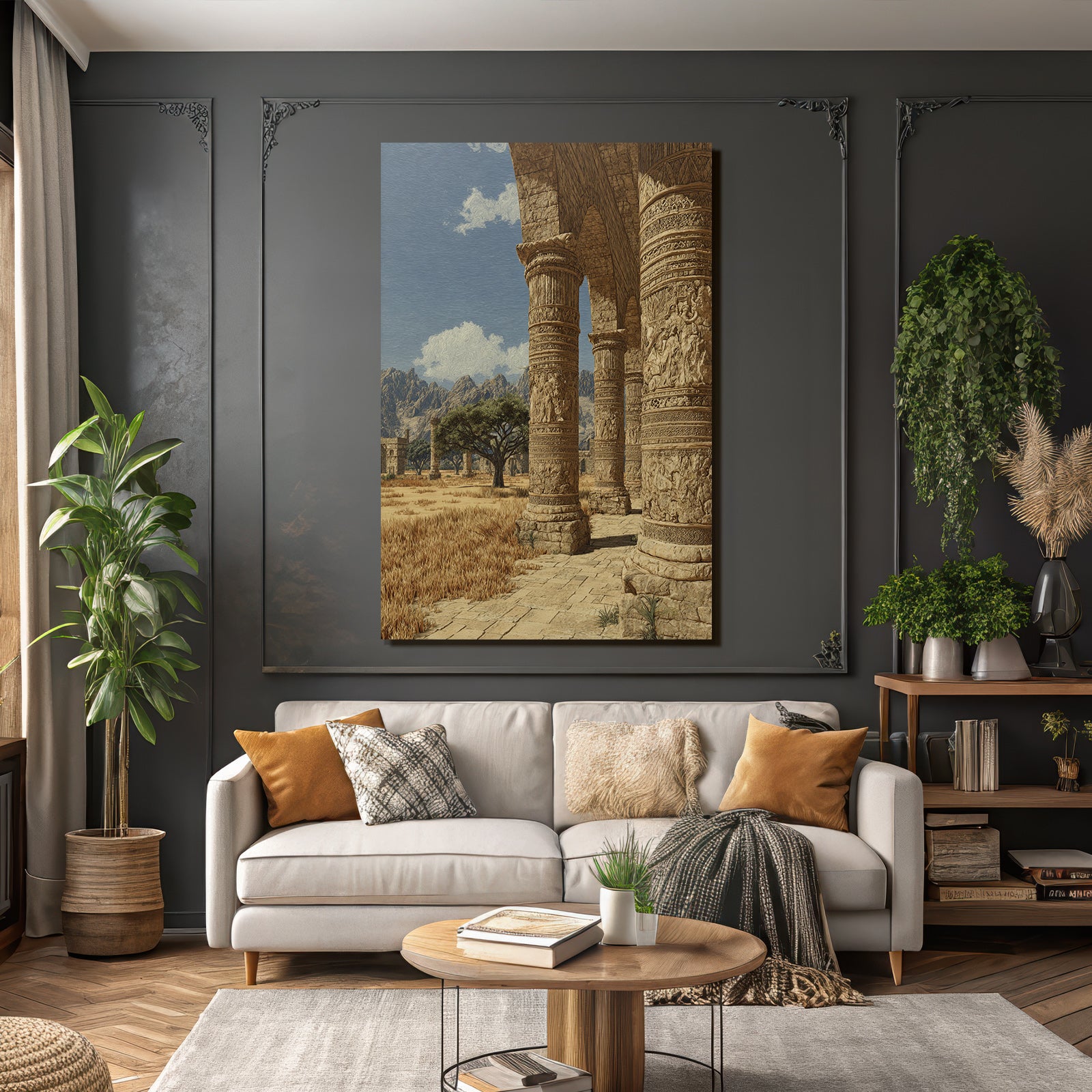 Desert ancient pillars with path in mountains background and blue sky