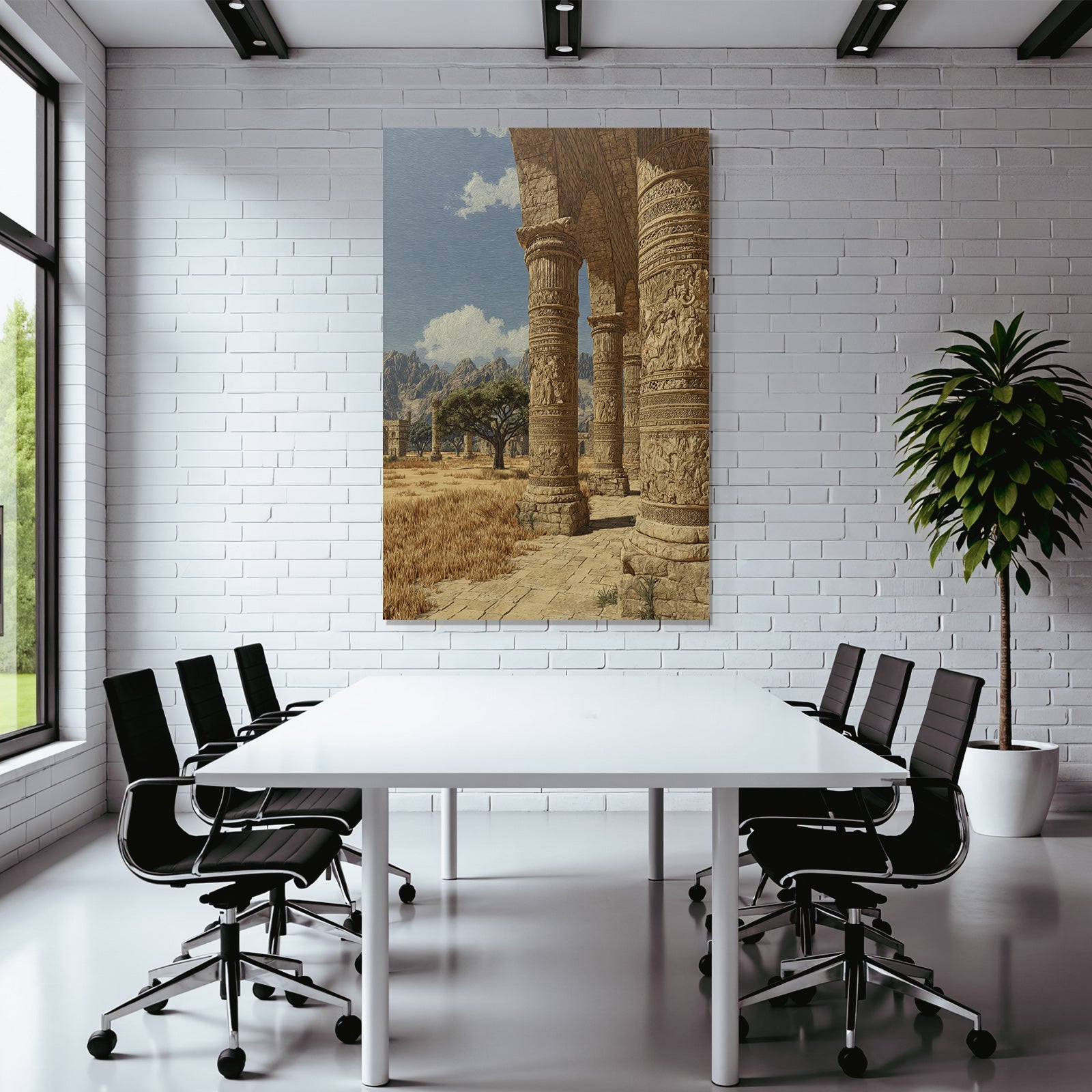 Desert ancient pillars with path in mountains background and blue sky