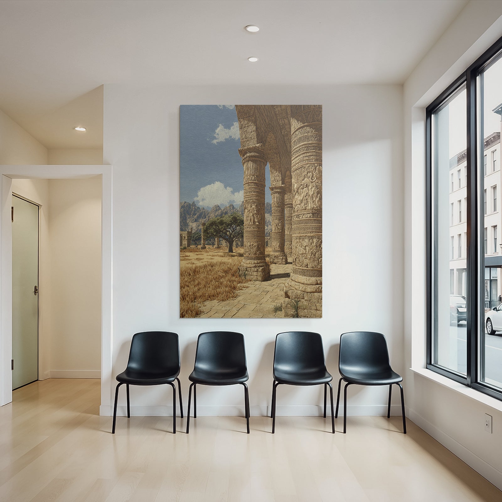 Desert ancient pillars with path in mountains background and blue sky