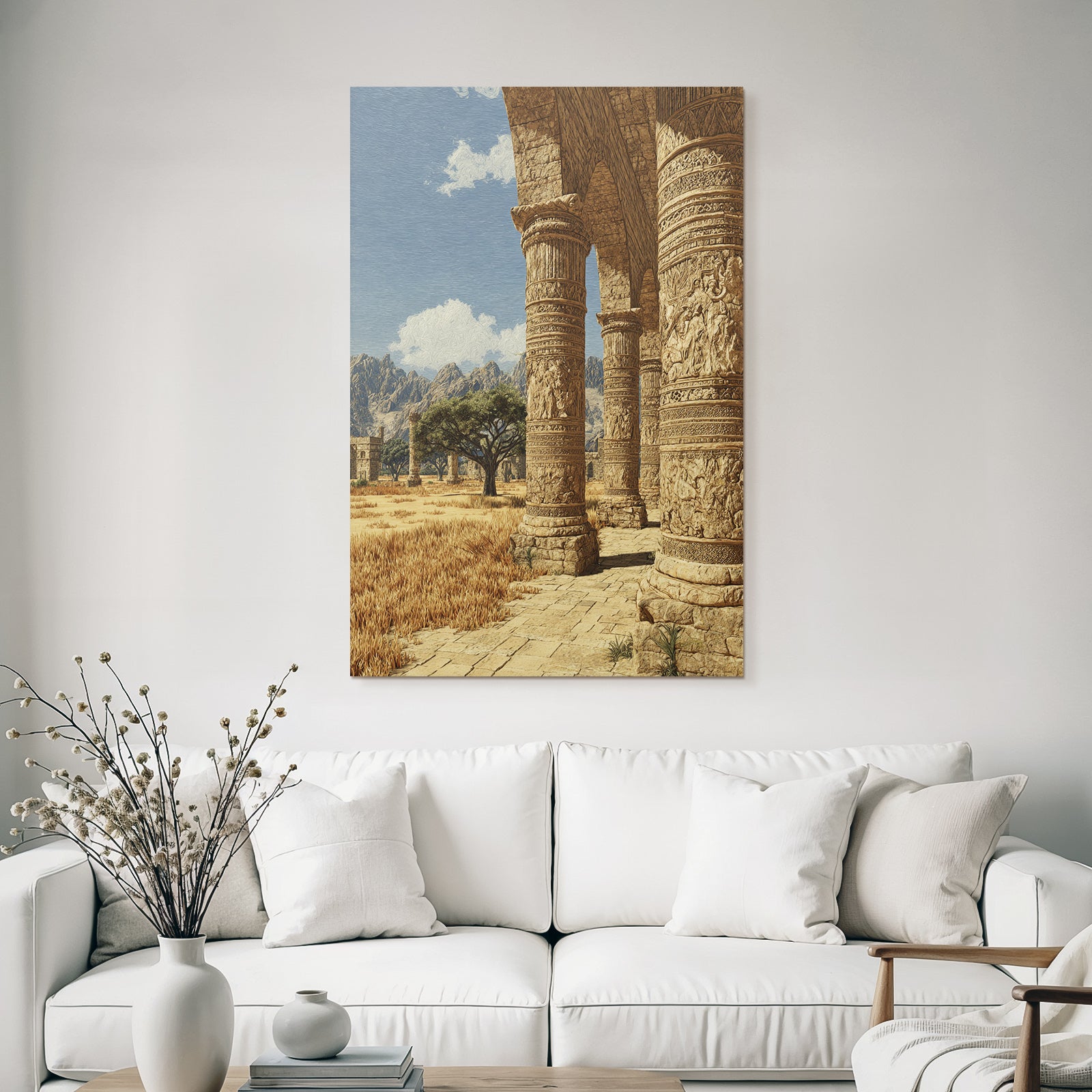 Desert ancient pillars with path in mountains background and blue sky