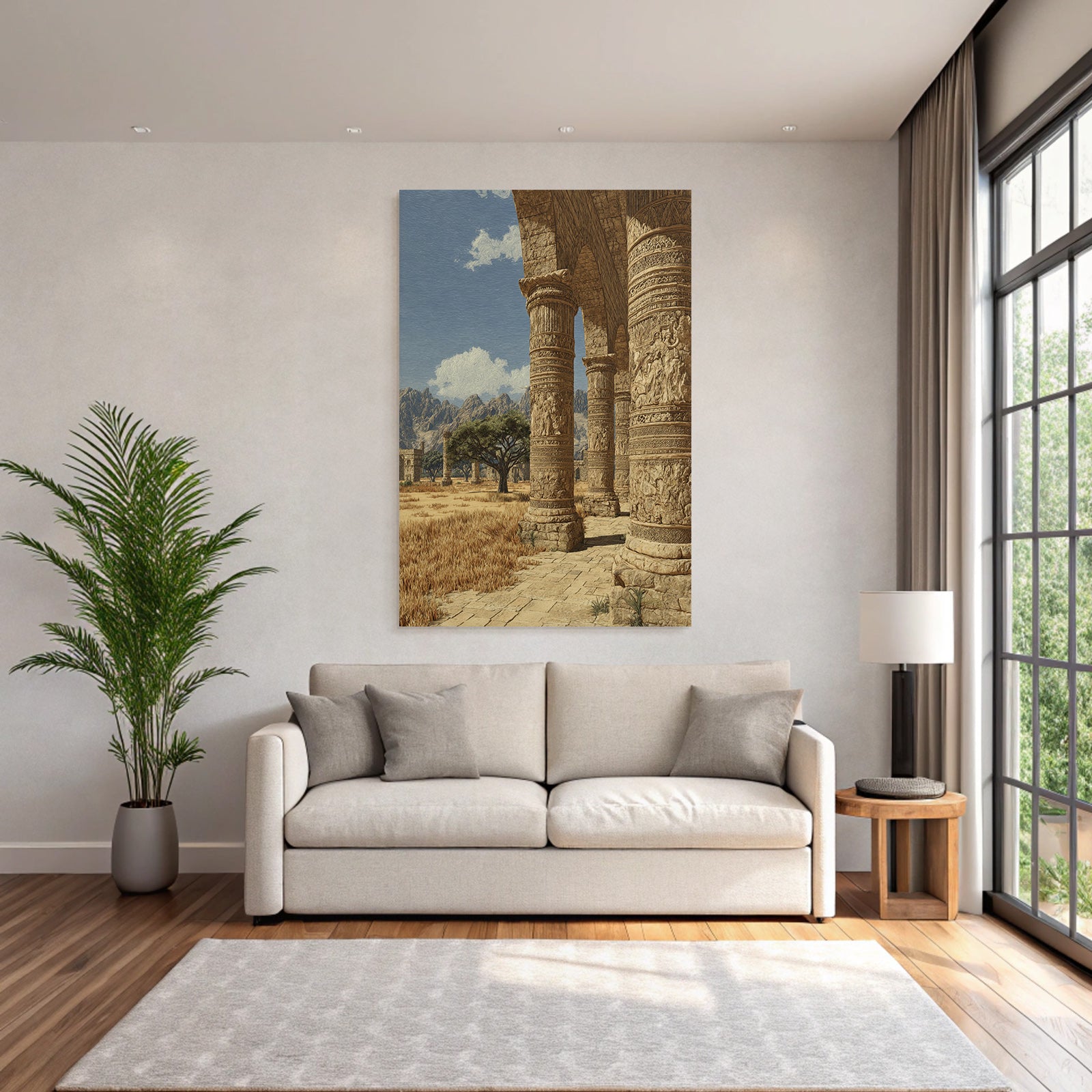 Desert ancient pillars with path in mountains background and blue sky
