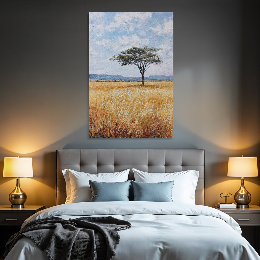 Desert Lonely Tree Surrounded By Golden Grasses And Hills In Blue Sky
