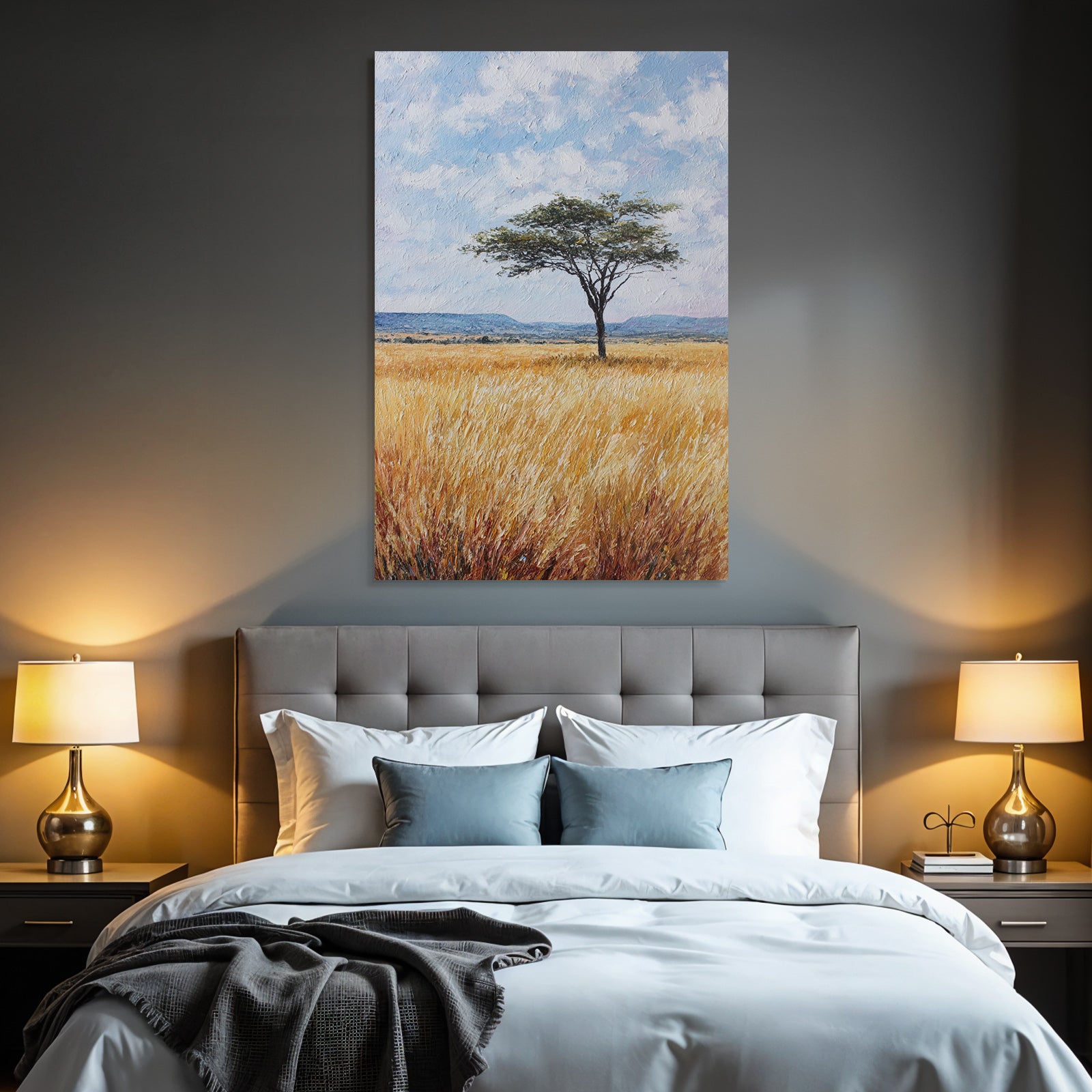 Desert Lonely Tree Surrounded By Golden Grasses And Hills In Blue Sky