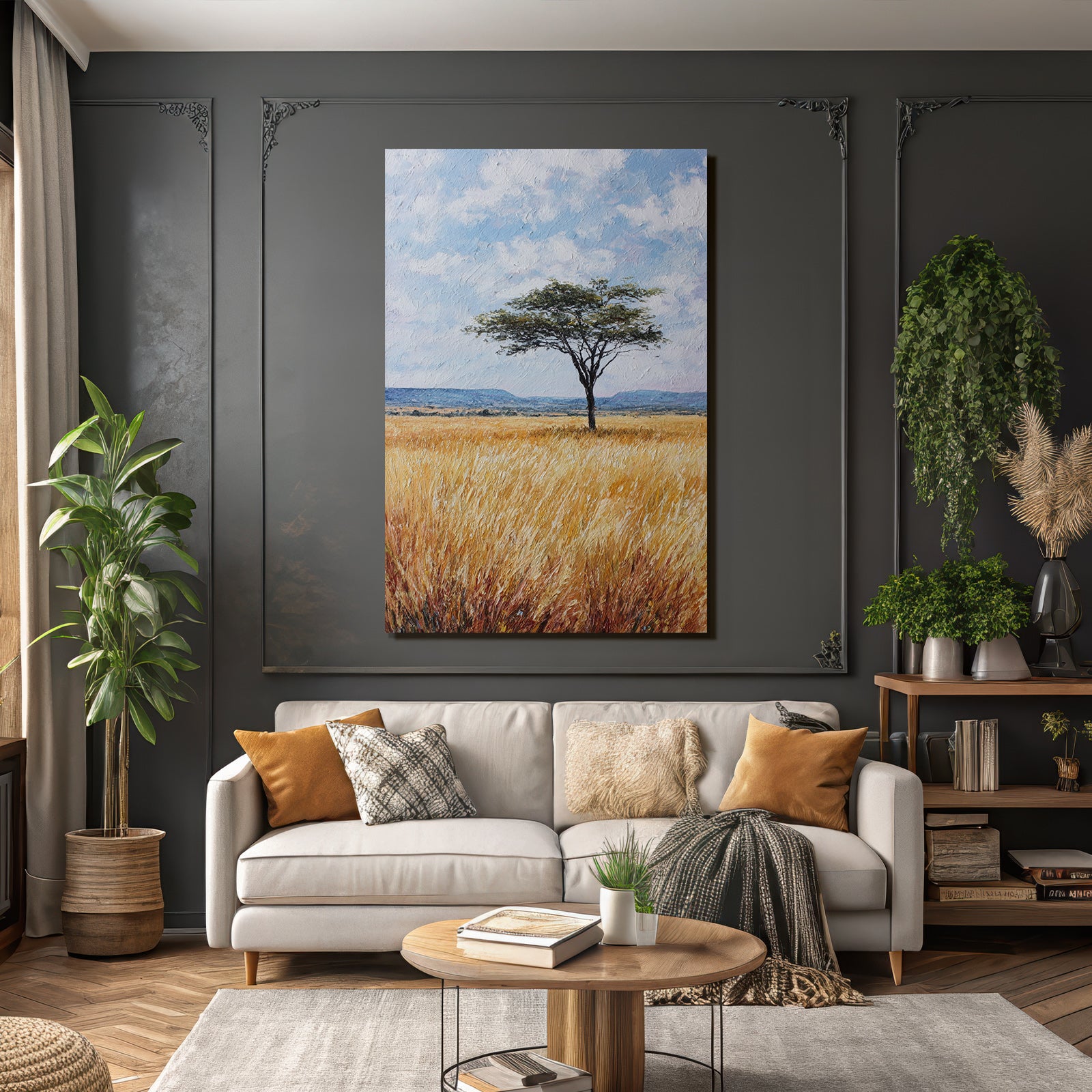 Desert Lonely Tree Surrounded By Golden Grasses And Hills In Blue Sky