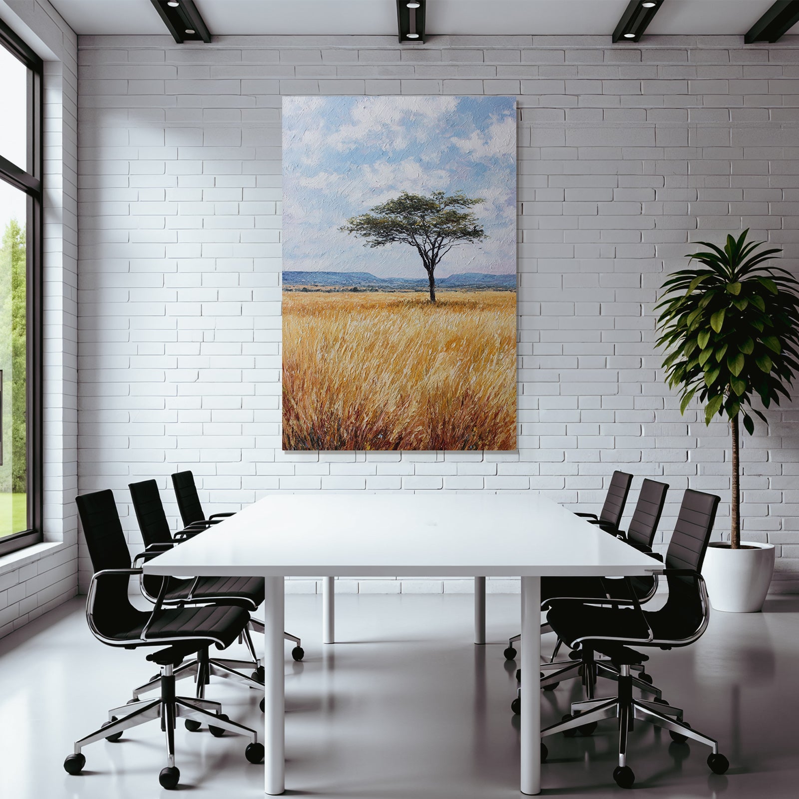 Desert Lonely Tree Surrounded By Golden Grasses And Hills In Blue Sky