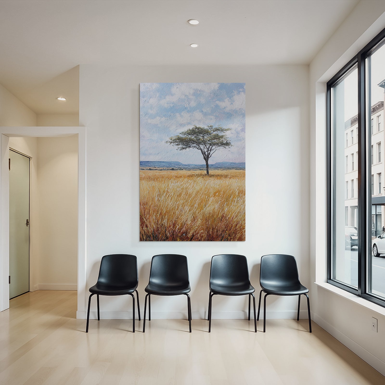Desert Lonely Tree Surrounded By Golden Grasses And Hills In Blue Sky