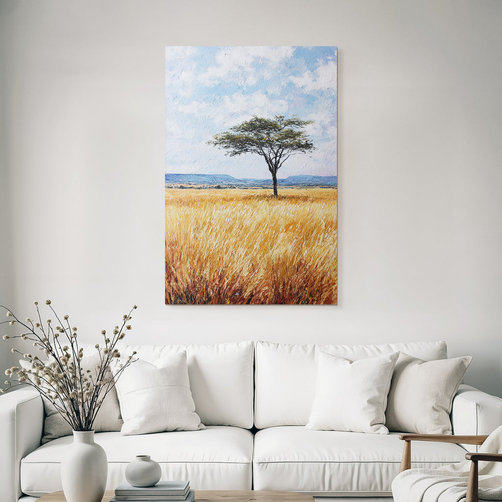 Desert Lonely Tree Surrounded By Golden Grasses And Hills In Blue Sky