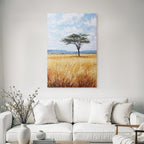 Desert Lonely Tree Surrounded By Golden Grasses And Hills In Blue Sky