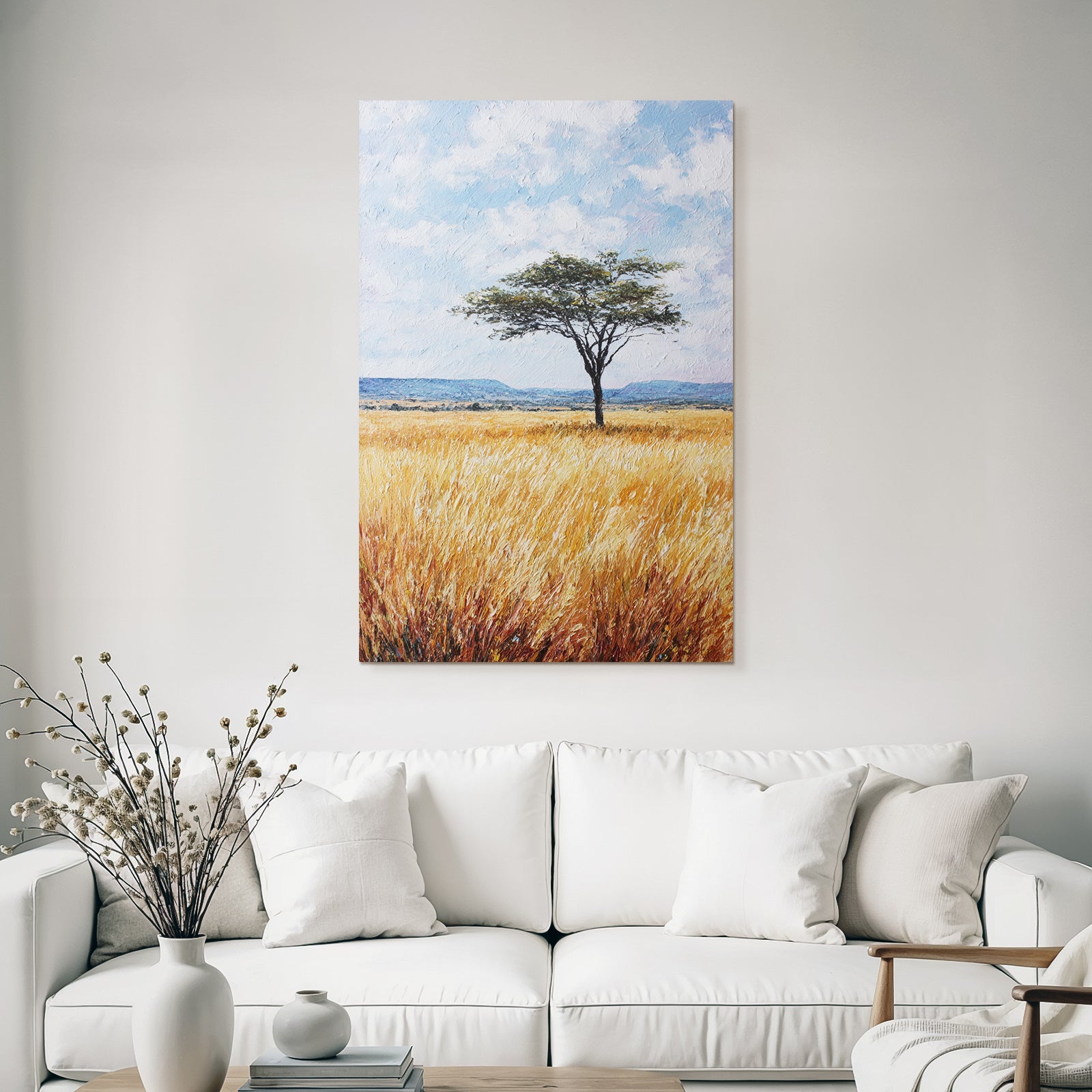 Desert Lonely Tree Surrounded By Golden Grasses And Hills In Blue Sky