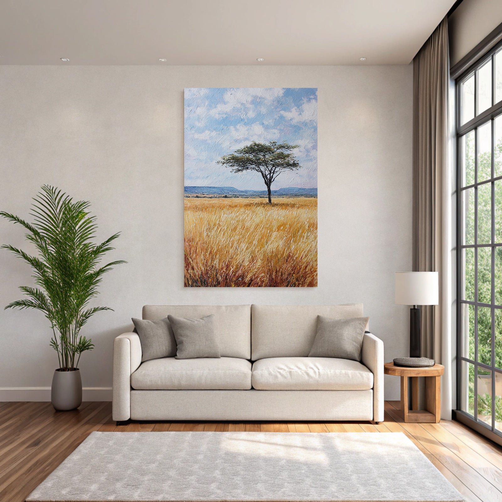 Desert Lonely Tree Surrounded By Golden Grasses And Hills In Blue Sky