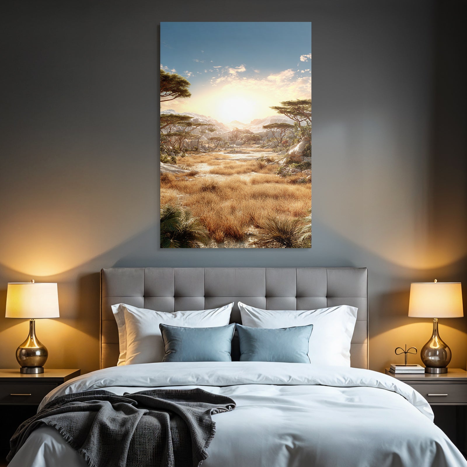 Desert driving landscape with grassland and snow-capped mountains at sunset