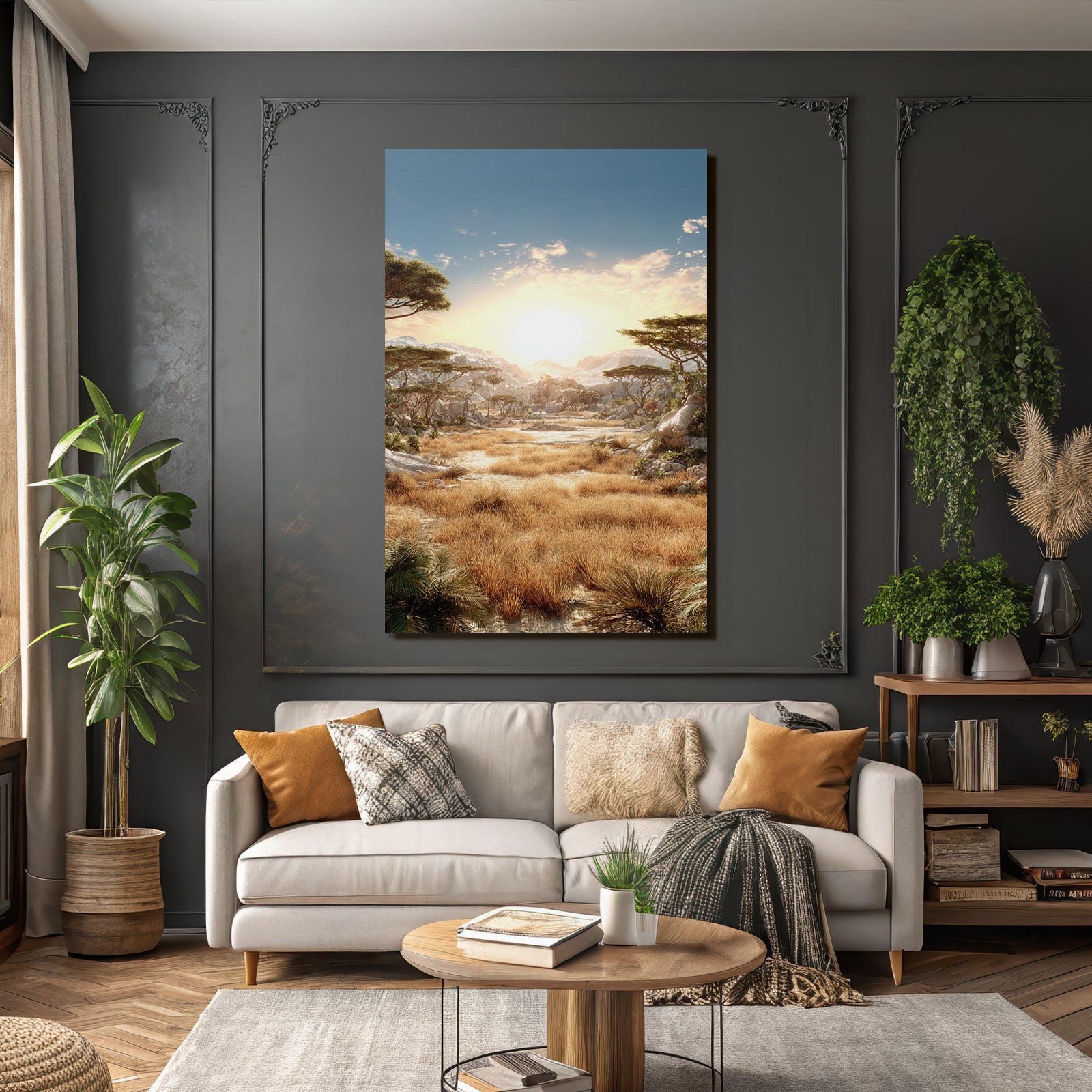 Desert driving landscape with grassland and snow-capped mountains at sunset