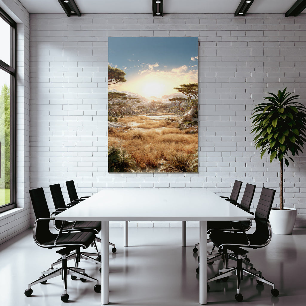Desert driving landscape with grassland and snow-capped mountains at sunset