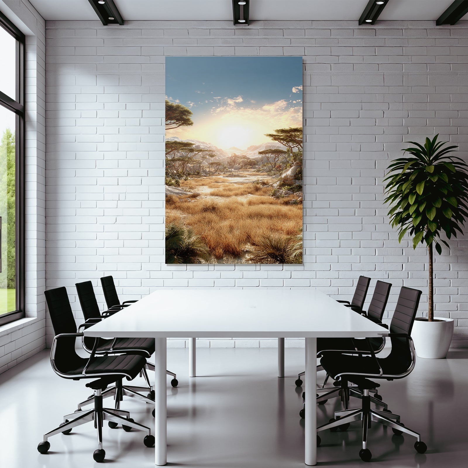 Desert driving landscape with grassland and snow-capped mountains at sunset