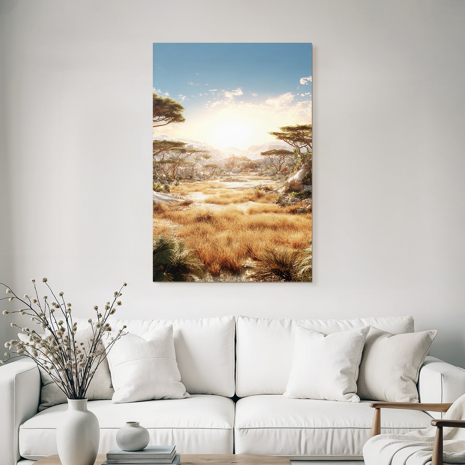 Desert driving landscape with grassland and snow-capped mountains at sunset