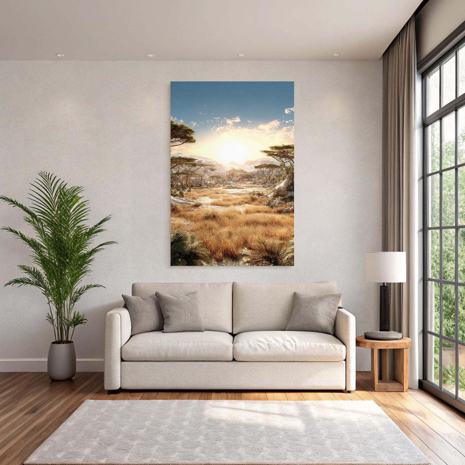 Desert driving landscape with grassland and snow-capped mountains at sunset