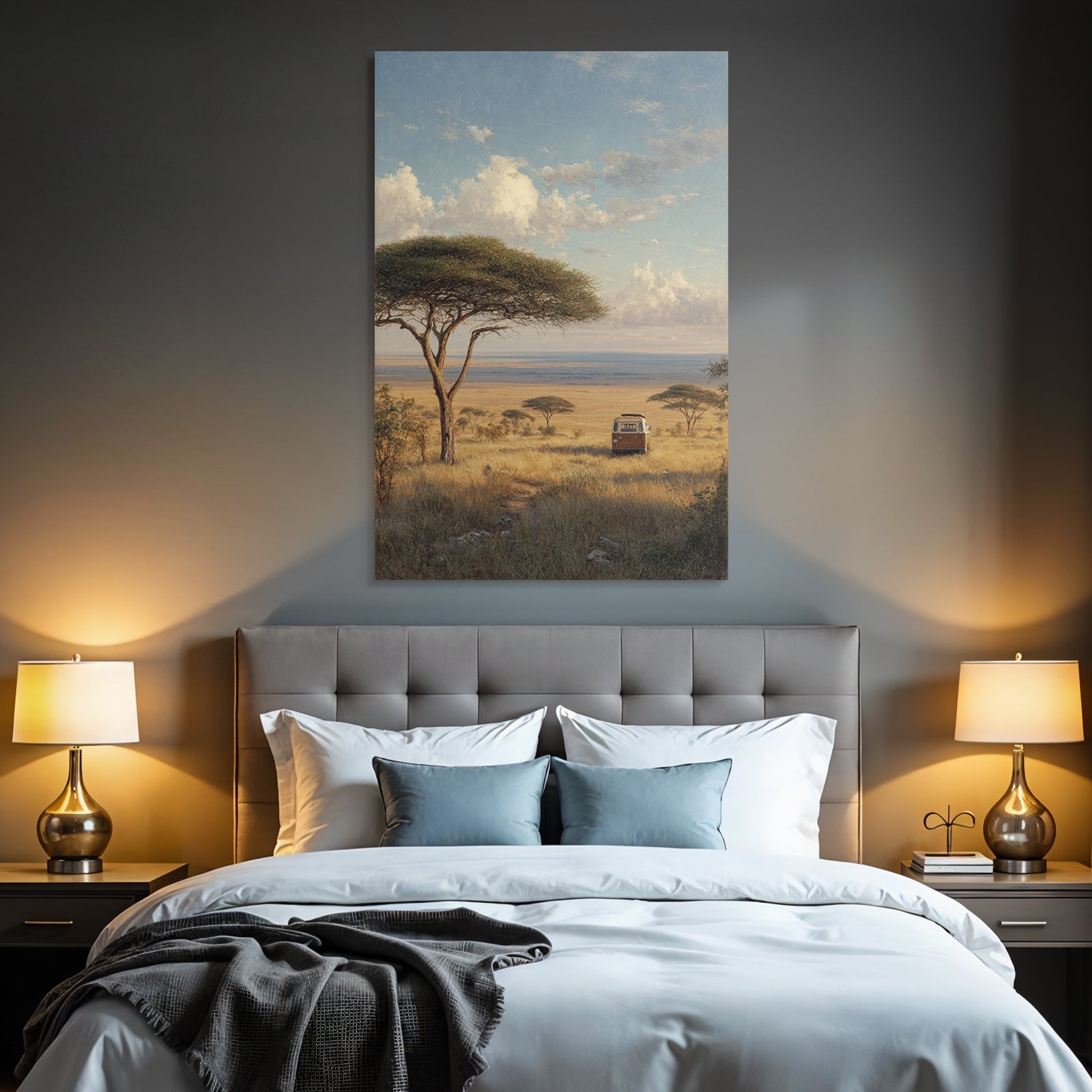 Desert Peaceful Landscape With Vintage Van And Acacia Trees