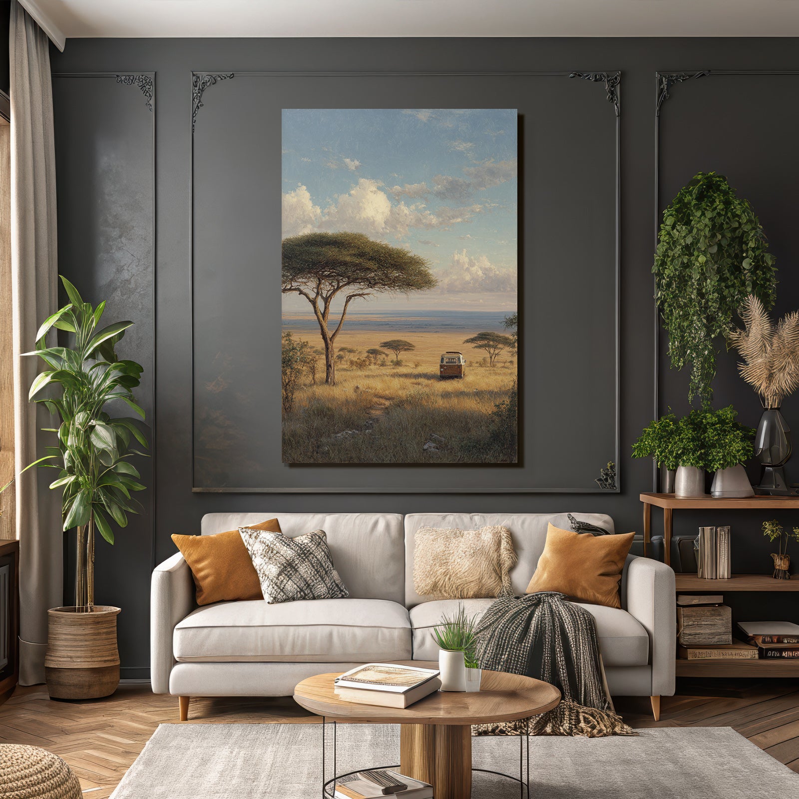 Desert Peaceful Landscape With Vintage Van And Acacia Trees