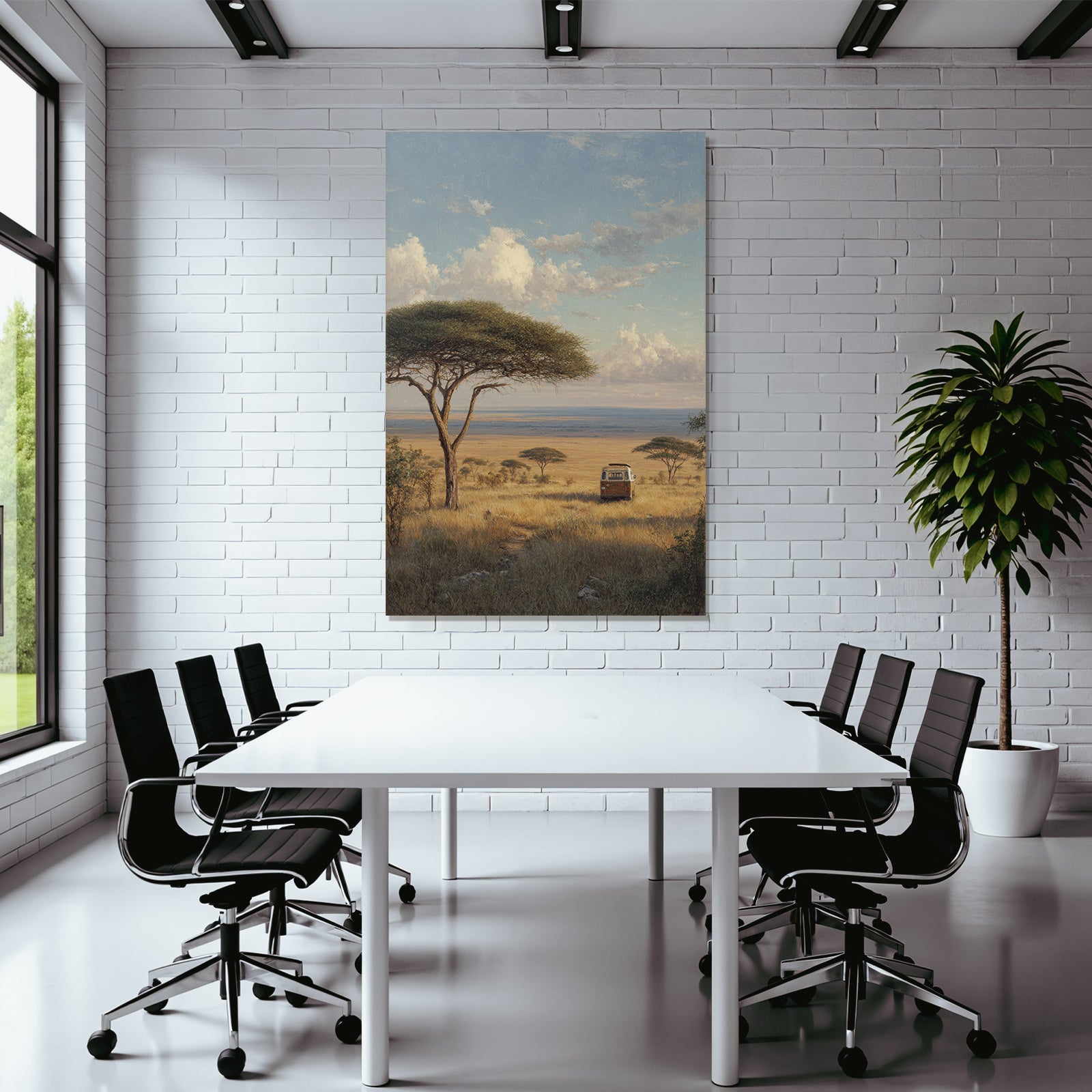 Desert Peaceful Landscape With Vintage Van And Acacia Trees
